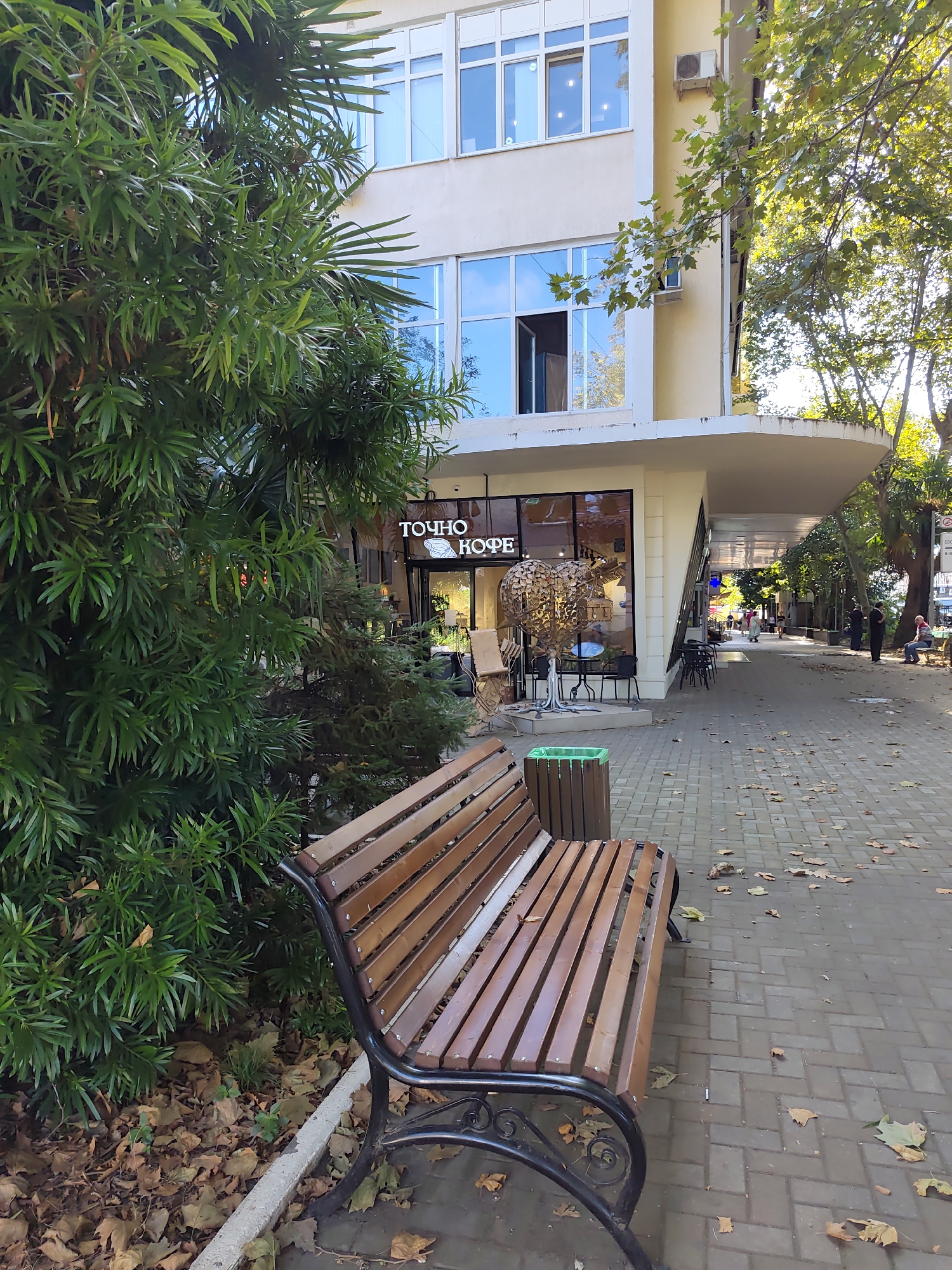 The image depicts a street scene in Sochi, Russia, specifically on a paved walkway adjacent to a building with a cafe. In the foreground, a wooden bench with black metal supports sits on the left side of the walkway. To the left of the bench, dense green foliage is prominent. The walkway is paved with light-colored rectangular bricks laid in a herringbone pattern, and fallen leaves are scattered across it.
The building features a light-colored facade and large windows. On the ground floor, a cafe with the sign "ТОЧНО КОФЕ" (which translates to "Exactly Coffee") is visible. The cafe has large glass windows and an entrance. Inside the cafe, tables and chairs are visible, along with a decorative metal sculpture resembling a tree with heart-shaped leaves. Outside the cafe, on the walkway, there are tables and chairs.
Further down the walkway, several people are visible. Two individuals are standing near the cafe entrance, and others are walking in the distance. A woman in a red headscarf and a man in a blue shirt are among those on the walkway. On the right side of the walkway, farther down, a man is sitting on a bench.
The environment appears to be an urban outdoor setting with trees lining the walkway, suggesting a pleasant day with sunlight casting shadows. The overall impression is of a relaxed street scene in a city.