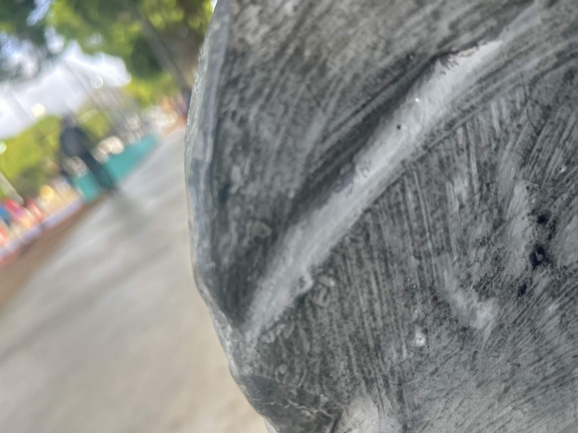 The image is an abstract, close-up view of a rough, textured surface, likely a weathered stone or concrete, with streaks of white and light gray. The background is heavily blurred, showing hints of an outdoor environment with greenery and possibly structures, suggesting a public space. There are no discernible people, actions, or interactions. The location in Santa Ana, Venezuela, cannot be determined from the visual information present in the image.