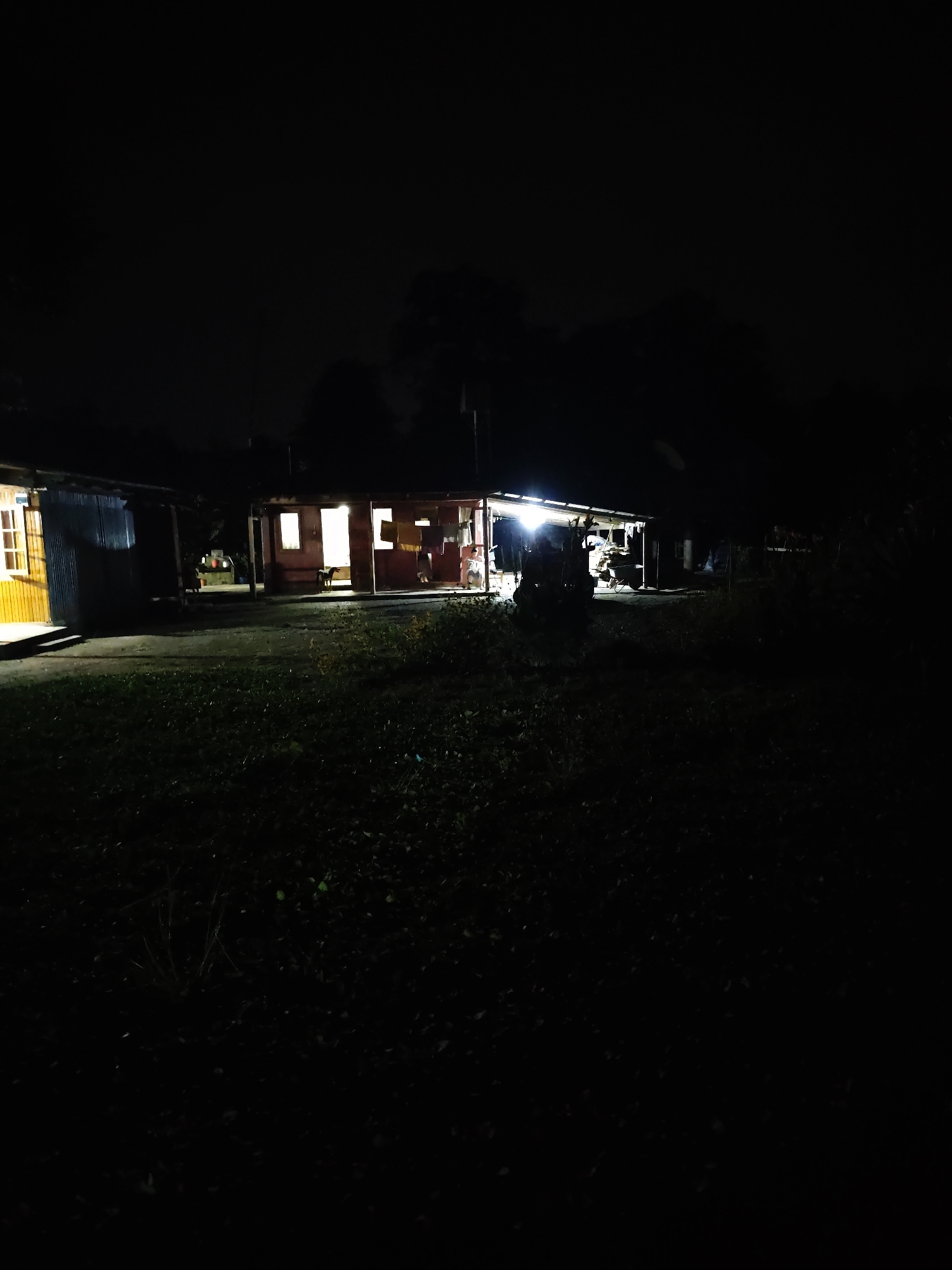 The image depicts an outdoor scene at night in the village of Bichvinta, Abkhazia. Two structures are visible, illuminated by artificial light. The structure on the left is a building with a yellow-painted wall and a window with multiple panes, partially obscured by a blue corrugated metal siding. The structure on the right appears to be an open-sided shelter or porch with a corrugated metal roof. Inside this shelter, several objects are present, including what seems to be a wheelbarrow, containers, and laundry hanging. Two figures are partially visible within this structure, one appearing to be standing near the back and another seated closer to the front. A dark-colored animal, possibly a dog, is also present inside the shelter. The ground in front of the structures is covered with grass and vegetation, with some patches of bare earth. The background is dark, suggesting the presence of trees or other foliage against the night sky. The overall scene appears to be a residential or semi-residential area.