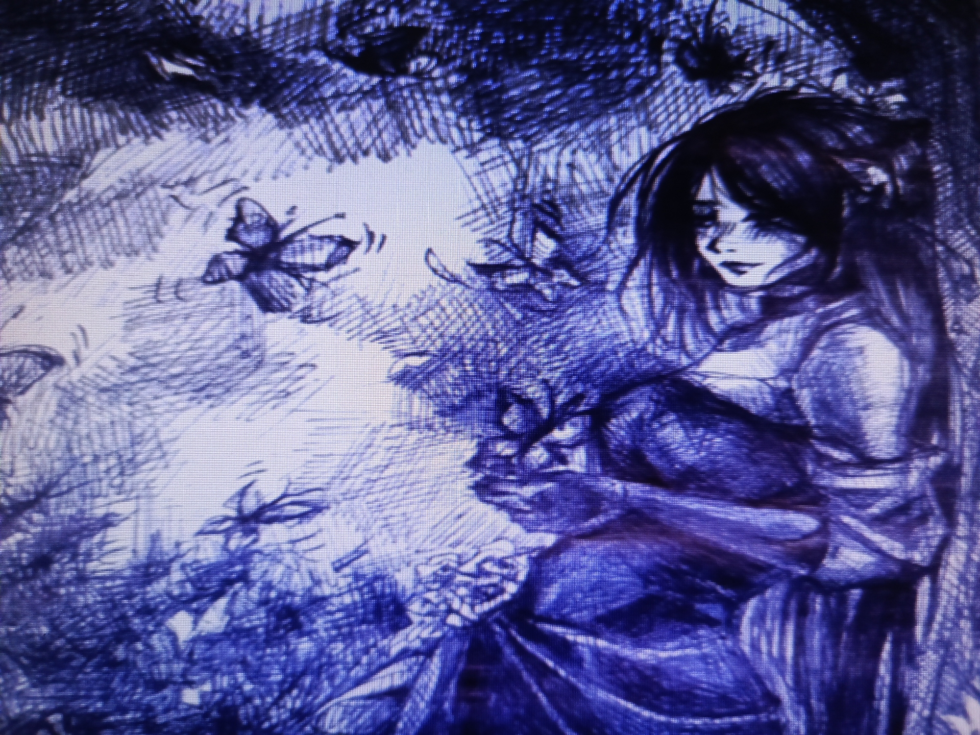 The image shows a woman sitting beneath trees surrounded by butterflies. She has long, dark hair and appears to be wearing a traditional dress or robe. Her expression is somber. The setting seems to be a forest or garden, possibly in the city of Unknown, Unknown, due to the presence of stylized, possibly ornamental, trees and flowers. The style of the image suggests a sketch or illustration, possibly done with a blue or indigo medium.