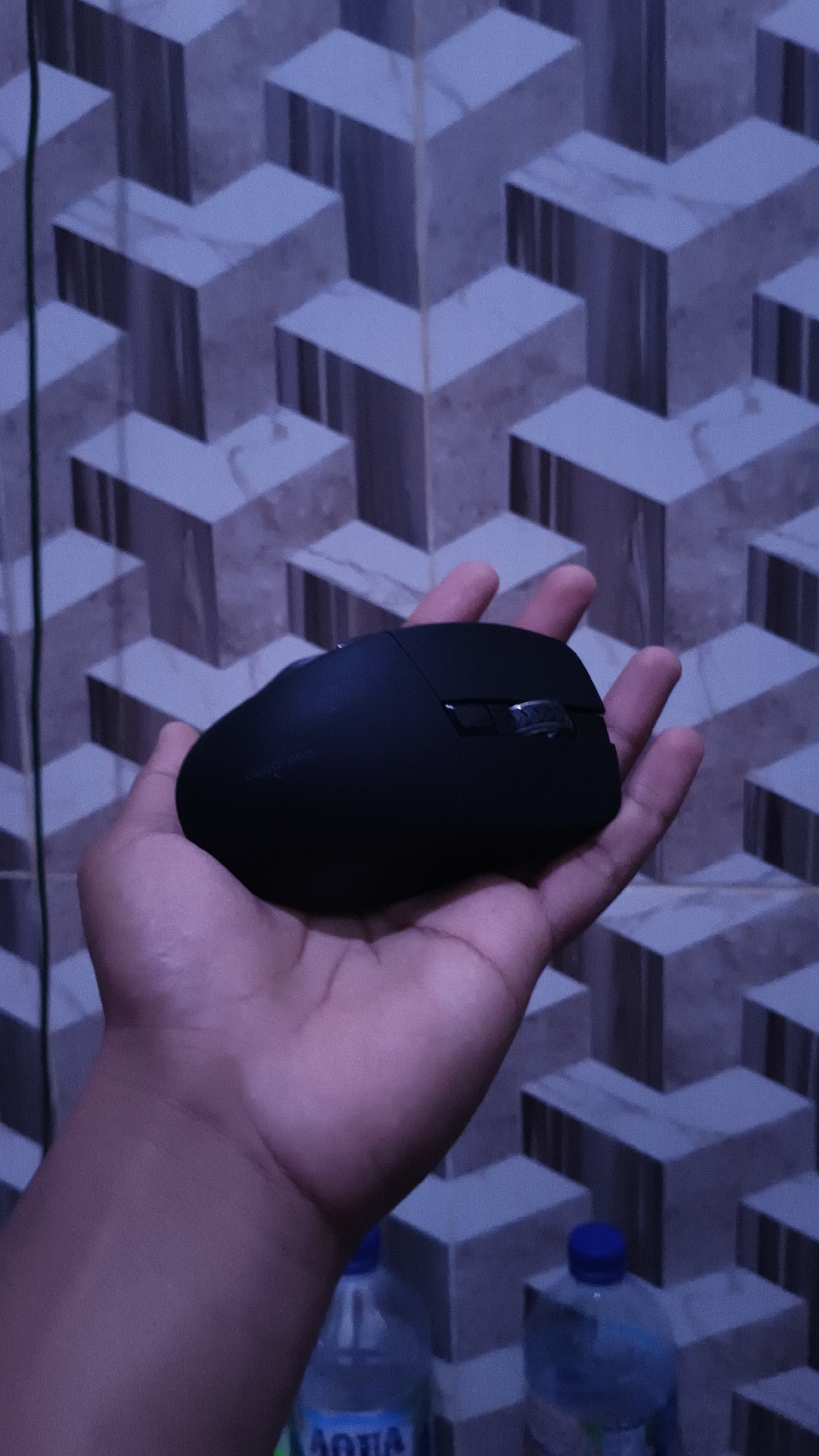 An underexposed, vertical medium shot shows a person's right hand holding a black computer mouse against a wall with a geometric patterned wallpaper. The wallpaper has a repeating pattern of light and dark gray, three-dimensional cube-like shapes. The mouse is dark gray or black and has a silver-colored scroll wheel and buttons. In the bottom portion of the image, two blue-capped plastic water bottles are visible, with the label of one bottle partially legible as "AQUA". The scene appears to be indoors.