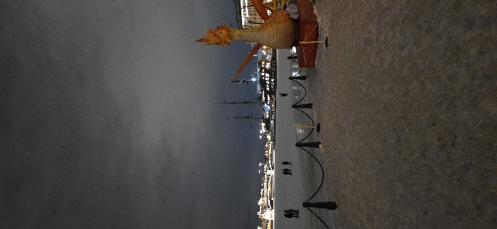 A nighttime scene shows a waterfront area with a dragon figure perched near a river. A sailing ship with tall masts is visible further in the distance, illuminated by city lights. Dark, overcast sky dominates the scene, contrasting with the reflective surface of the water. A barrier of black poles connected by chains runs along the edge of the waterfront. Figures of people walking near the river's edge are barely visible.