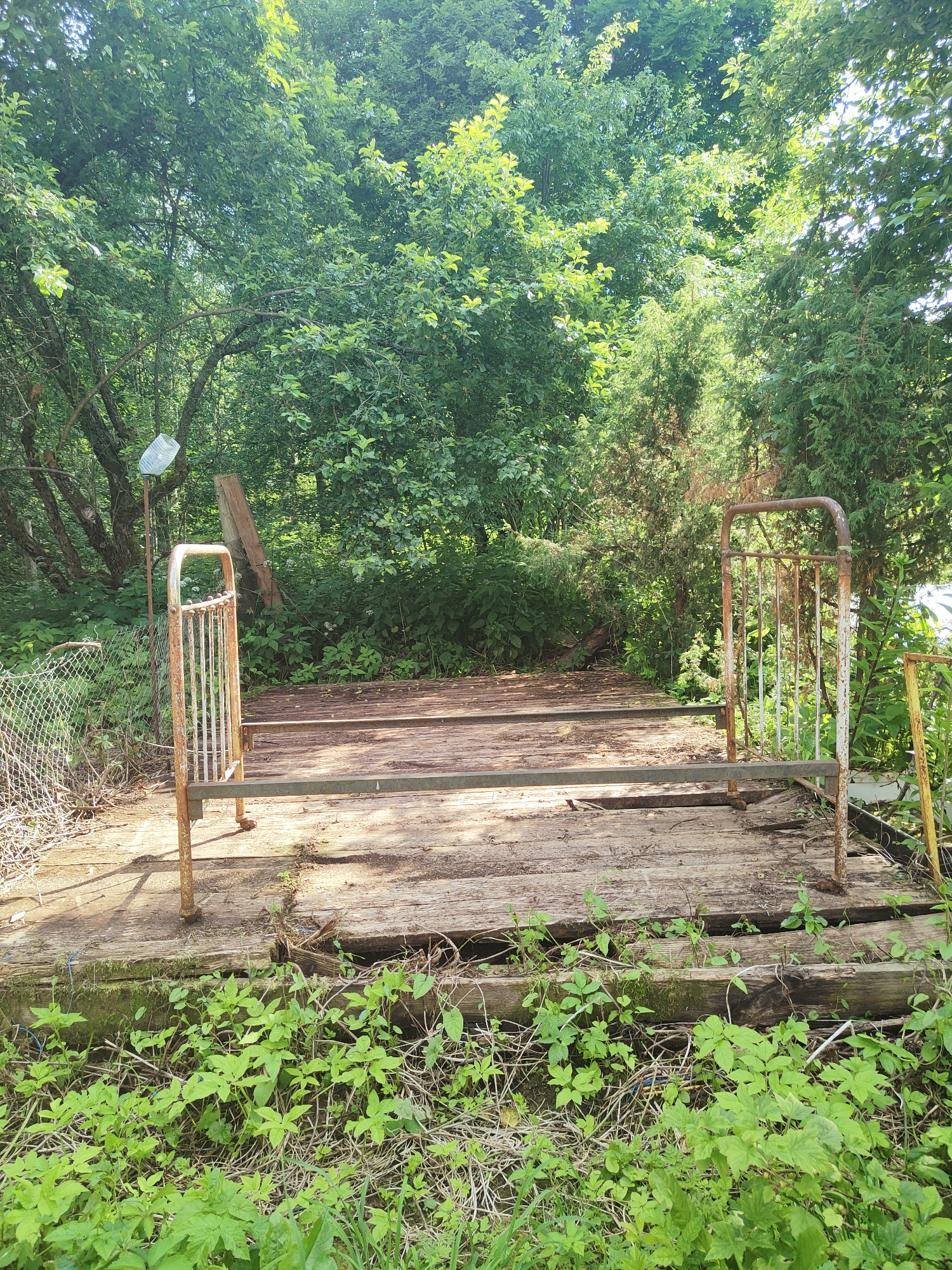 The image depicts an outdoor scene with a rustic, overgrown setting. The central focus is an old, rusted metal bed frame, likely a twin size, placed on a wooden platform constructed of weathered planks. The bed frame has a simple design with vertical bars on the headboard and footboard.
Surrounding the platform and bed is abundant greenery, suggesting a neglected or naturalized area. Lush plants, weeds, and trees fill the background, creating a sense of being in a wild or abandoned space. Some of the trees appear to be deciduous, while others are evergreen, possibly junipers or similar conifers.
To the left of the bed, a section of wire mesh fencing is visible, further contributing to the impression of an outdoor enclosure or boundary. A wooden post with a piece of white plastic or metal attached to it stands behind the bed frame.
The lighting suggests it is daytime, with sunlight filtering through the leaves and casting shadows on the wooden platform. The overall mood is one of decay and nature reclaiming man-made objects. There is no text visible in the image. The scene evokes a feeling of solitude and the passage of time. The location context provided is Talitsa, Russia, which aligns with the rural and somewhat wild appearance of the environment.
