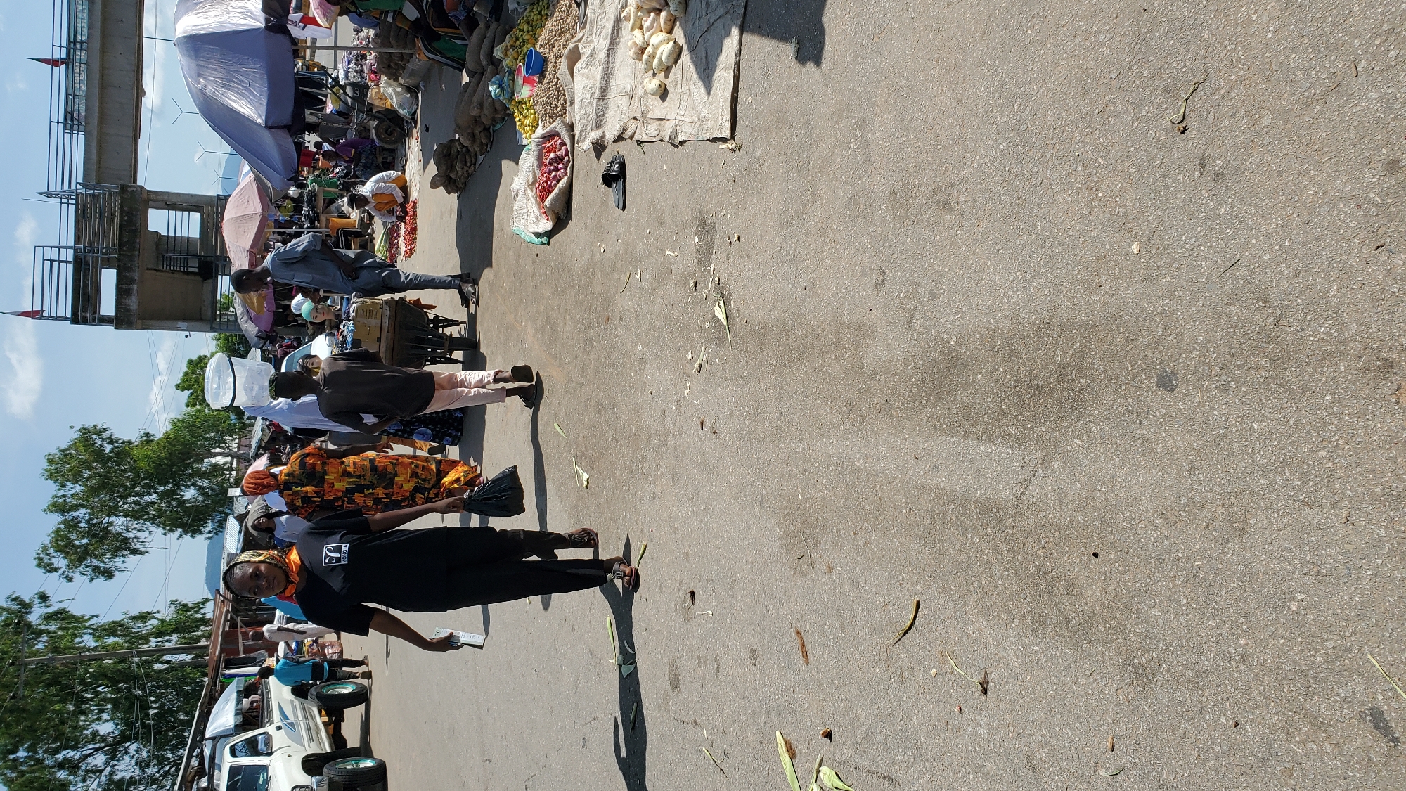 A street market scene is depicted in Jalingo, Nigeria, under a bright, sunny sky with scattered clouds. In the foreground, a Black woman wearing a black t-shirt and black pants walks from left to right, carrying a black plastic bag in her right hand and a white object in her left. She is wearing sandals. Behind her, a young Black boy in a dark t-shirt and light-colored pants walks away from the camera. To their right, a Black man in a grey shirt and pants stands facing the viewer. Further back, several market stalls are visible, with people browsing and shopping. Merchandise, including vegetables and fabrics, is displayed on the ground and on tables. A white truck is parked on the left side of the image. An elevated pedestrian bridge spans the street in the background, with red and white flags at the top. The ground is paved asphalt, with scattered debris and shadows from the people and objects.