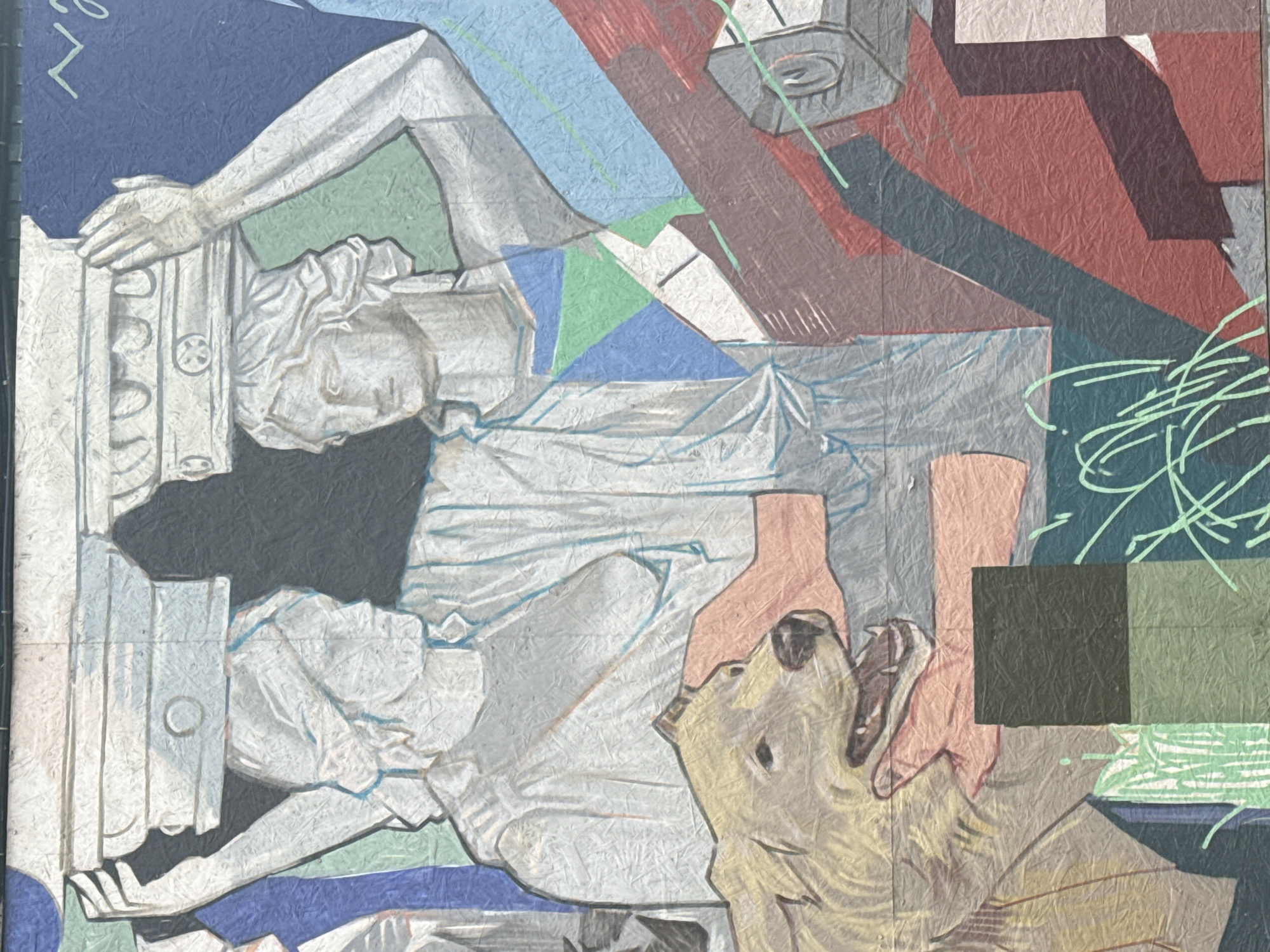 The image depicts an abstract painting with a statue-like figure reclining next to a dog, possibly a golden retriever. The human figure is rendered in white and gray tones, resembling a classical sculpture. The dog, in tan and brown hues, appears to be looking up at the figure. The background is a collage of geometric shapes in various colors including blue, red, green, and gray. The overall style is an amalgamation of classical motifs with abstract expressionism. The city of Saint Petersburg, Russia is not directly evident in the image.