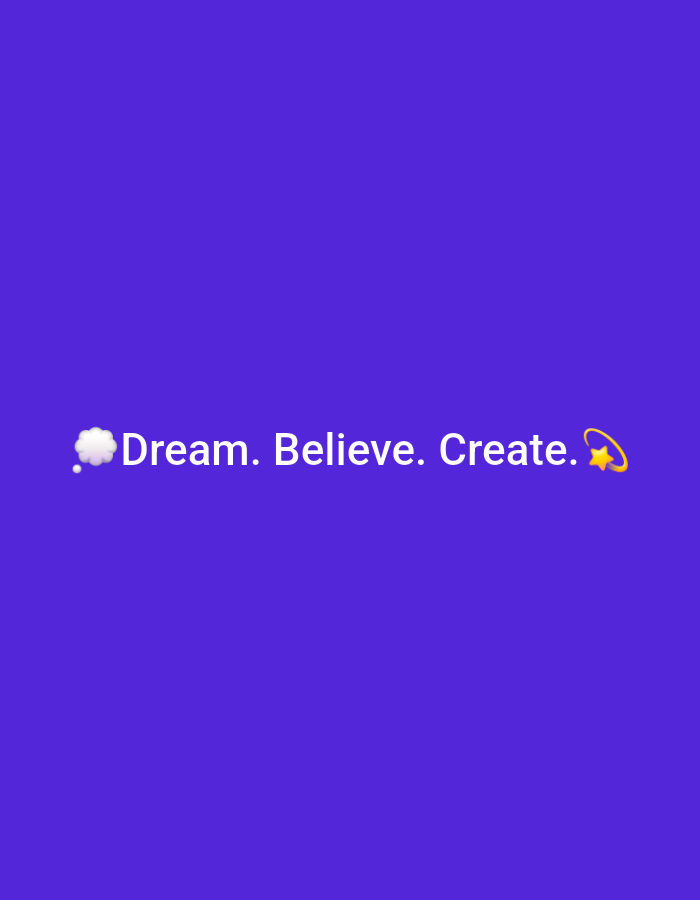 The image shows a plain, vibrant purple background. Centered on the background are the words "Dream. Believe. Create." in white text. To the left of the text is a white cloud emoji, and to the right is a yellow star emoji with a halo. The image does not contain any information about the city of Marietta, United States, or any specific scene.