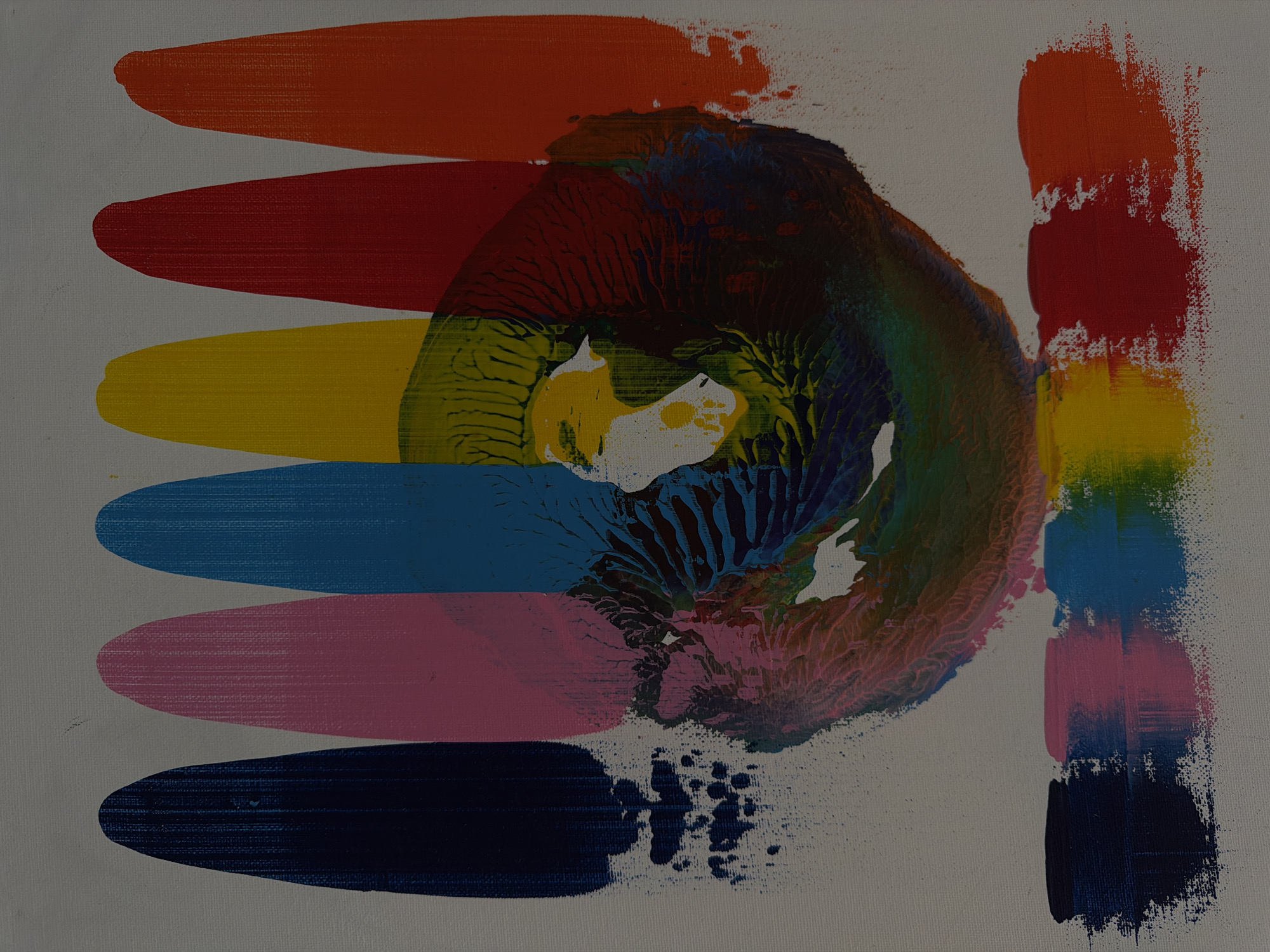 The image is an abstract painting on a canvas. It features broad, horizontal strokes of color on the left side of the canvas, layered from top to bottom in orange, red, yellow, blue, pink, and dark blue. A central, swirling, organic shape in multiple colors, including red, yellow, blue, and green, partially covers these horizontal strokes. On the right side of the canvas, there are vertical strokes of color, mirroring some of the colors on the left, including orange, red, yellow, blue, pink, and dark blue. The background is a light-colored canvas, showing a visible texture. There is no discernible location in the city of Naberezhnye Chelny, Russia, as this is an abstract artwork.