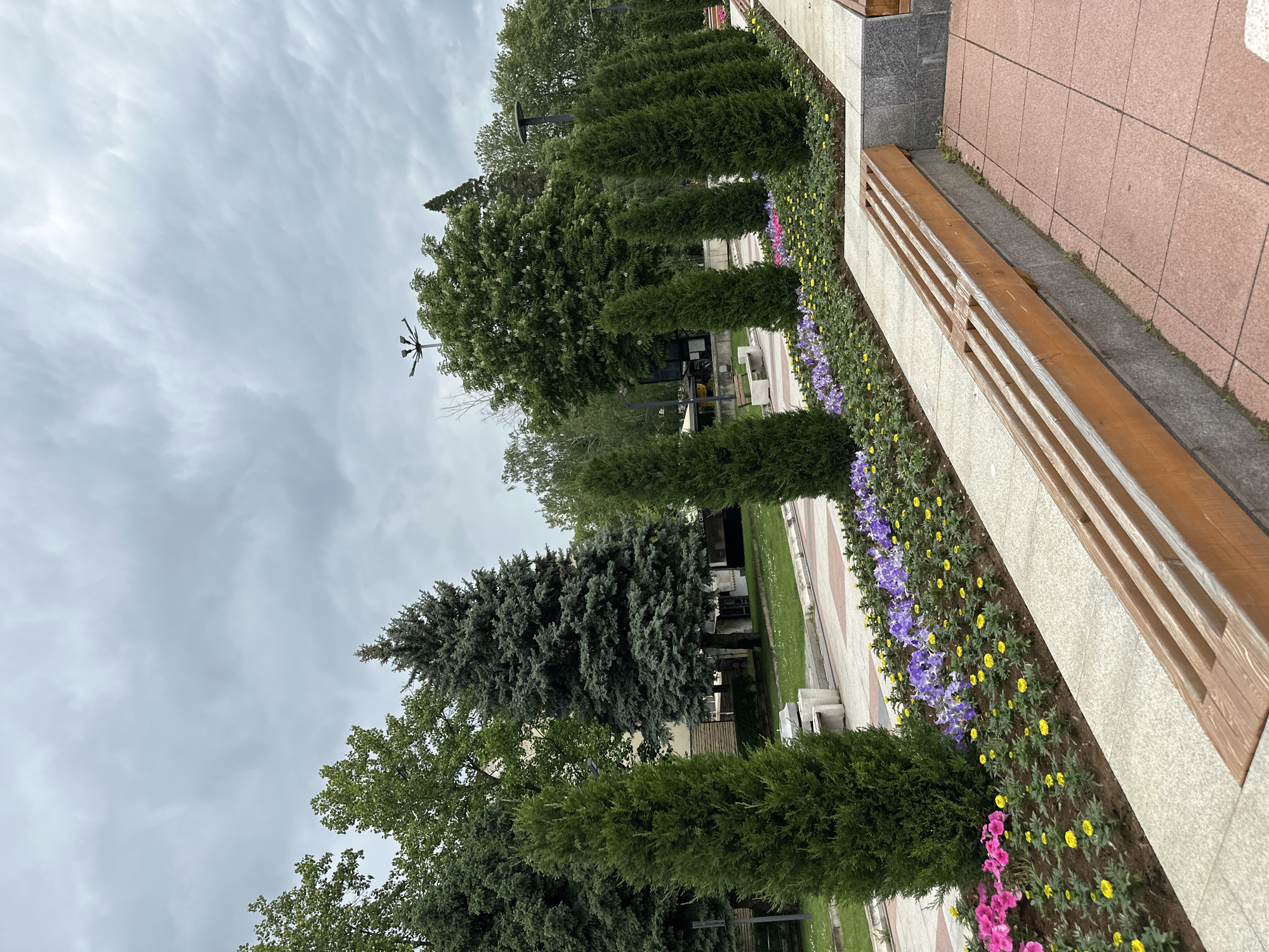 The image captures a park-like setting in Montana, Bulgaria under an overcast sky. A paved walkway with a pinkish-red tile section is bordered by a low wall with a built-in wooden bench. A flower bed runs alongside the walkway, featuring a mix of purple, yellow, and pink flowers. A line of topiary shrubs stands parallel to the flower bed and walkway. Beyond these, a line of mixed trees extends into the background, with a tall evergreen prominent on the left. A light standard with a distinctive multi-armed design is visible amongst the trees in the middle ground. A building is also visible in the background. The overall scene conveys a well-maintained, urban green space.