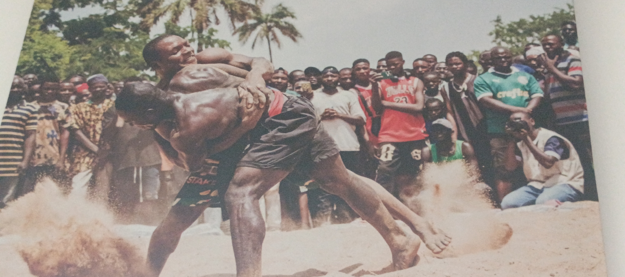 This vibrant image captures an intense moment during a traditional wrestling match in an outdoor setting, likely in Akwanga, Nigeria. In the foreground, two muscular male wrestlers are locked in a grapple, their bodies glistening with sweat and muscles tensed. The force of their movements kicks up a significant cloud of sand or dust around their bare feet, indicating the physicality of the sport. One wrestler wears dark shorts with a red and black waistband, while the other's dark shorts have a partial white inscription that appears to read "STAKKA" or similar.
A large crowd of spectators, predominantly men, surrounds the wrestling area, watching the action intently. Their faces show a range of expressions from focused observation to smiles of enjoyment. Many are standing, while some individuals closer to the foreground are kneeling or sitting. Their attire is varied, including casual t-shirts, such as a green "Palmeiras" football club jersey and a red "BULLS 23" basketball jersey worn by different individuals, alongside striped shirts and patterned traditional wear. One spectator in a light vest and jeans kneels to capture the event with a camera or phone.
The scene is brightly lit by natural daylight, suggesting it is midday or early afternoon, with clear skies. Lush green trees, including palm trees, form a natural backdrop, emphasizing the outdoor, possibly rural or community, setting. The overall atmosphere conveys a lively communal event, filled with energy and engagement from both participants and onlookers.