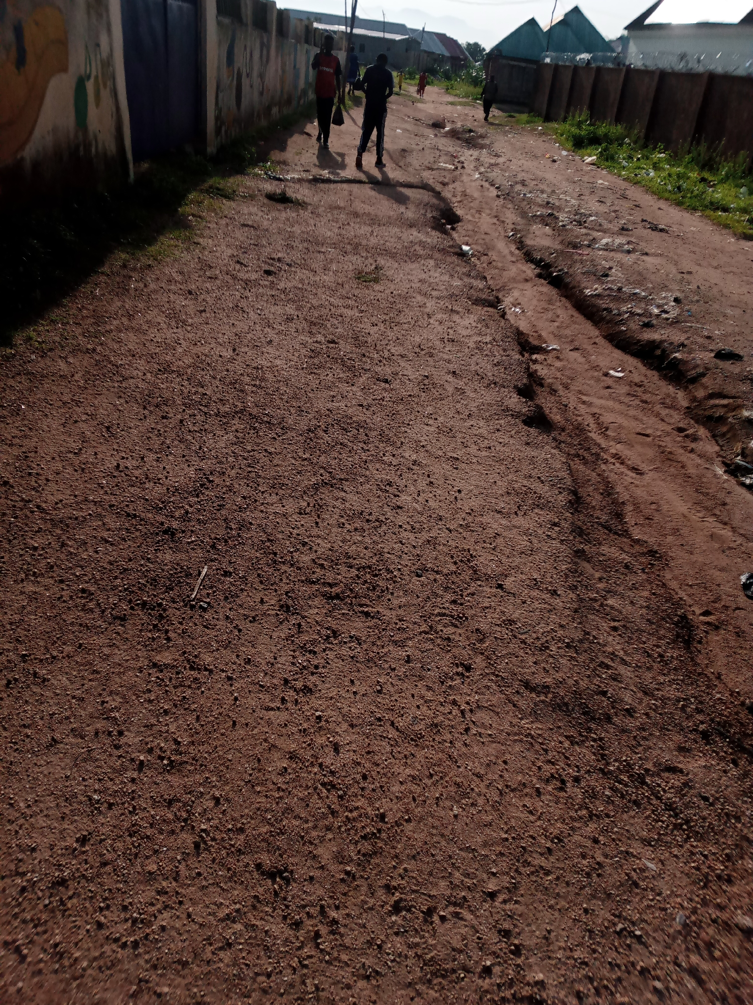 The image depicts a dirt road in Jauro Yinu, Nigeria. Two individuals are walking on the road, one wearing a red shirt and the other a black shirt. To the left, a wall with colorful paintings is visible, adjacent to a dark blue gate. The road is uneven and appears to be subject to erosion, with a visible ditch or trench running along its right side. In the background, houses with corrugated metal roofs can be seen, along with vegetation. The overall scene suggests a rural or semi-urban environment.