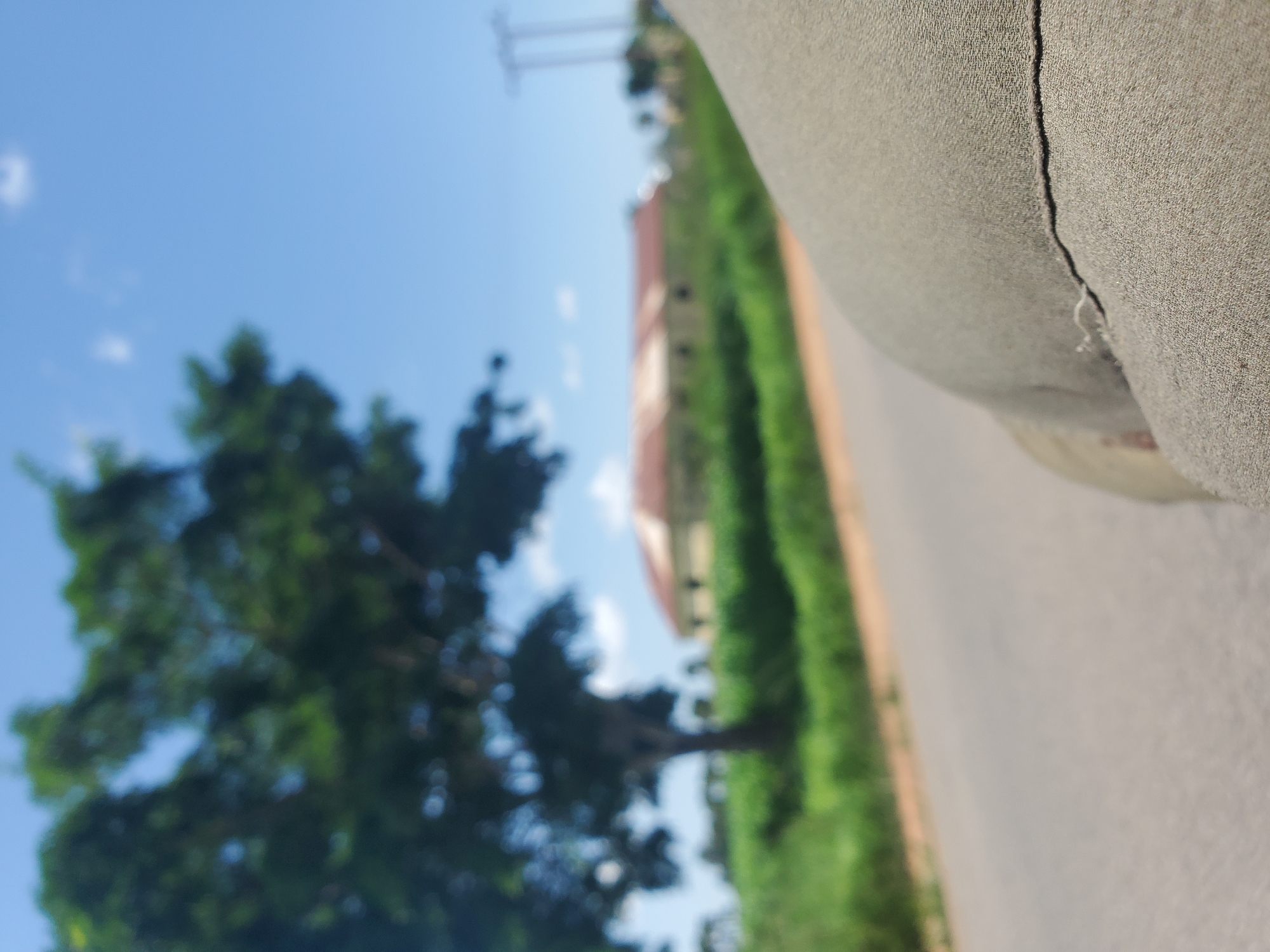 This is a close-up, slightly out-of-focus, upward-angled shot of a textured, light-colored fabric surface occupying the right side of the frame. The fabric has a rough, woven appearance and a visible seam runs down the center. To the left of the fabric, a blurred outdoor scene unfolds under a bright blue sky with scattered white clouds.
In the mid-ground, a lush green hedge or line of trees runs diagonally across the frame. Behind the greenery, a red-roofed building is partially visible, with some vertical structures that might be utility poles or part of another building further in the background. A dark green, leafy tree is prominent in the left portion of the frame, also out of focus. The lighting suggests it is daytime, likely mid-morning to late afternoon, with clear weather. The overall impression is one of an outdoor setting, possibly a roadside view with some vegetation and buildings. The location context is Mangu, Nigeria, but no specific text or identifiable landmarks are present in the image to confirm this. There are no people or animals visible in the frame.