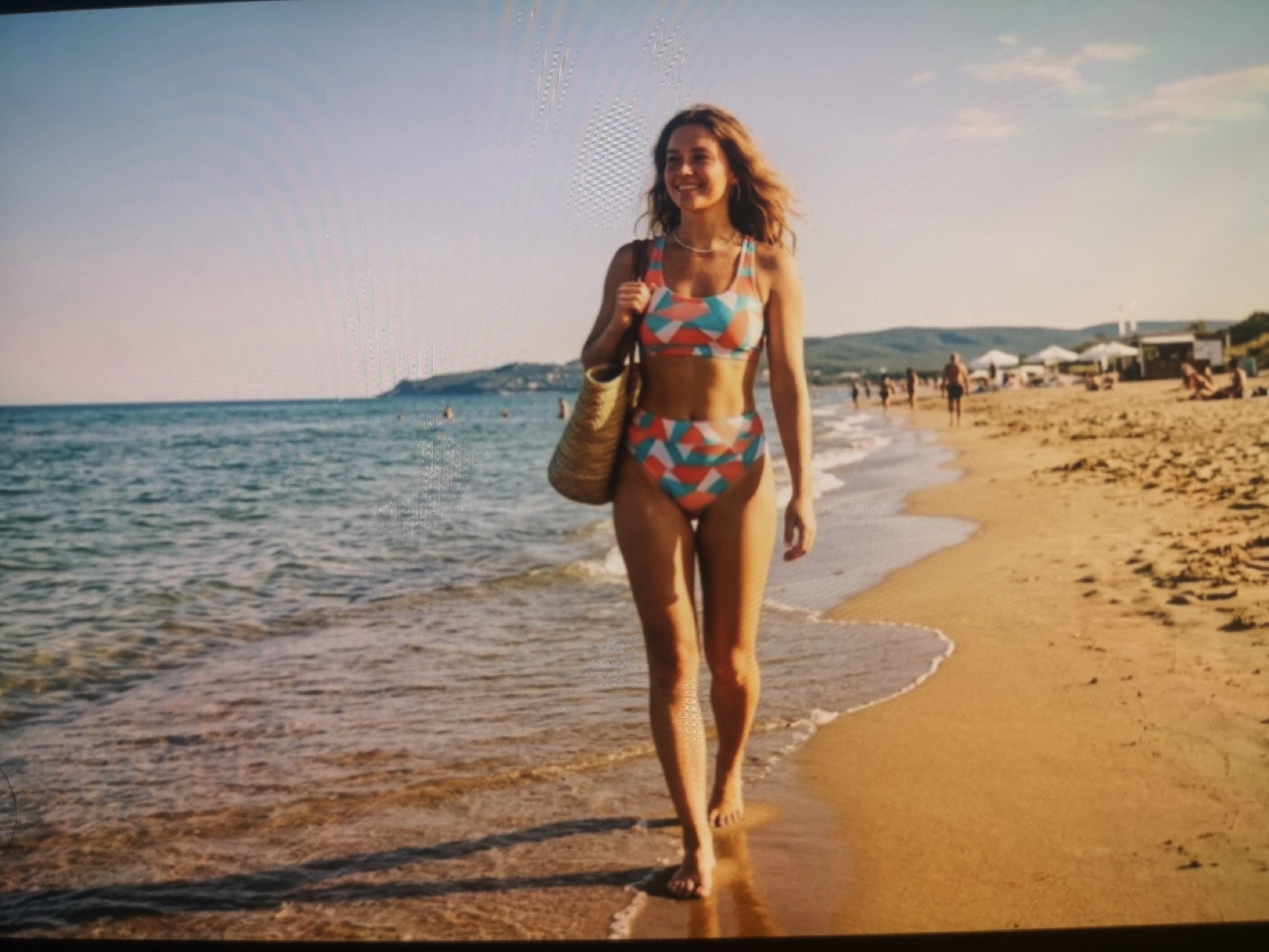 The image shows a woman walking barefoot on a sandy beach alongside the ocean. She is wearing a two-piece bathing suit with a geometric pattern of orange, white, and blue. She is also wearing a necklace. She has a straw bag slung over her left shoulder. The ocean is to her left and stretches into the distance. Other people are on the beach in the background. The location appears to be a beach in an Unknown city.