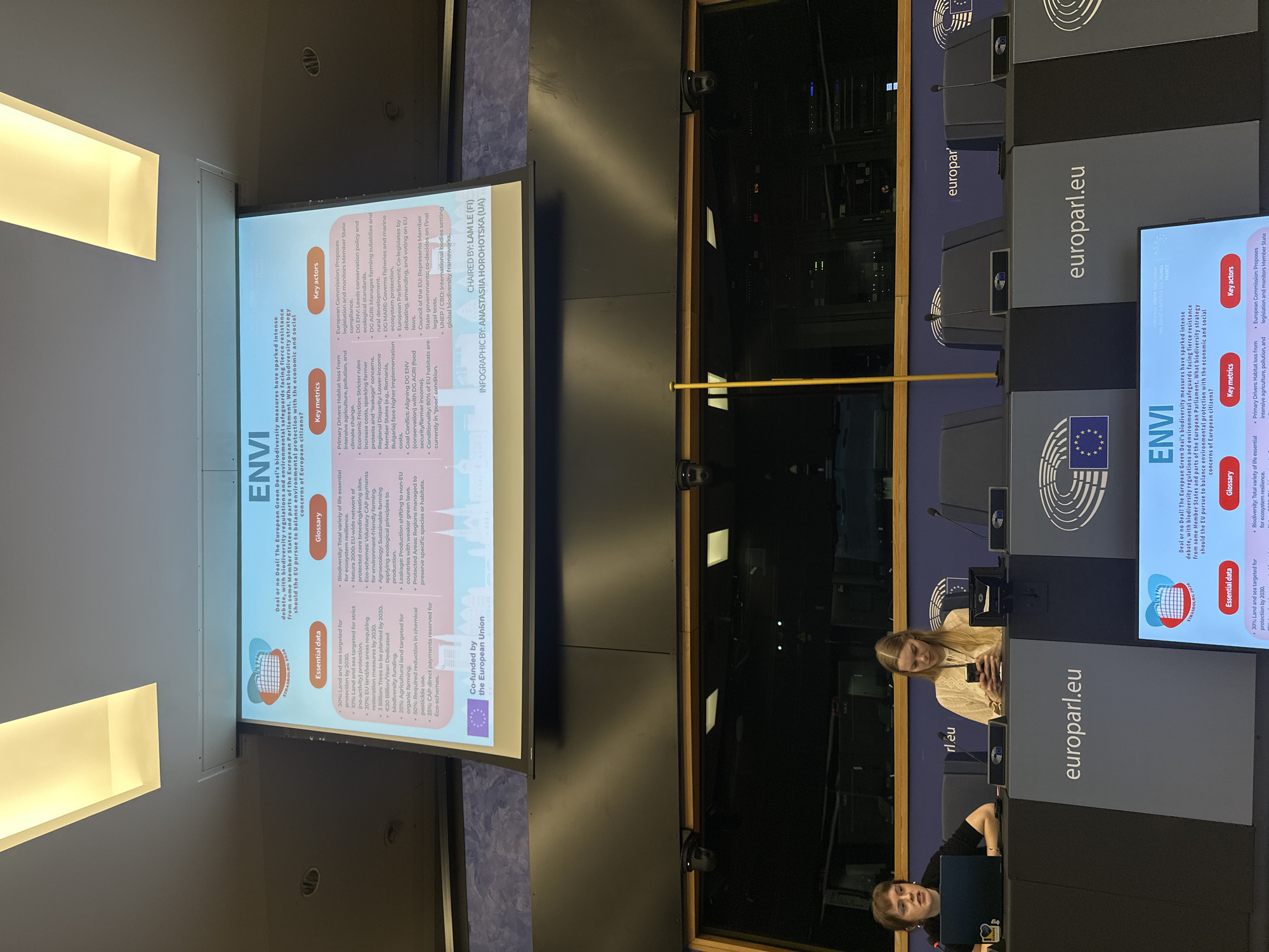 The image depicts a conference or meeting setting at the European Parliament in Strasbourg, France. A screen displays an infographic labeled "ENVI," concerning the European Green Deal's biodiversity measures. Two people, a woman with long blonde hair and a person with short brown hair wearing a black shirt, are visible in the foreground. The woman is looking at her phone and the person beside her is using a laptop. The podiums in the foreground have the logo of "europarl.eu" printed on them. The setting is professional and formal, likely during a parliamentary event or presentation.