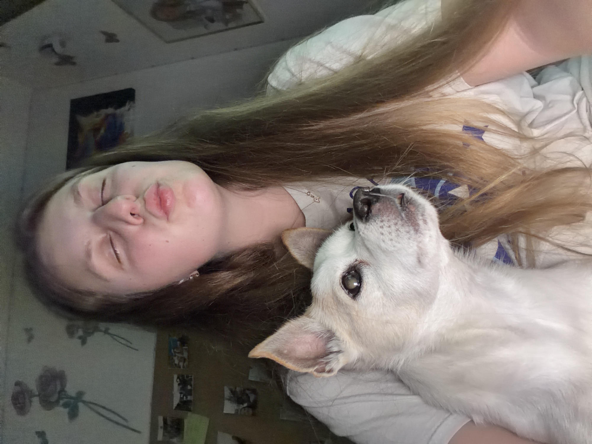 This indoor image captures a young woman and a small dog in a moment of casual affection, possibly in Burgas, Bulgaria. The woman, with long, light brown hair, is lying on her back, looking upwards with her eyes partially closed and her lips playfully puckered into a kissing face. She wears a light-colored top.
Nestled close to her shoulder and neck is a small dog with predominantly white or very light cream fur. The dog's head is resting on the woman's shoulder, and it is looking upwards and slightly to the right, with one dark eye visible. Its ears are slightly perked.
The background shows an indoor setting, likely a room such as a bedroom or living area. A wall with a faint rose-patterned wallpaper is visible, along with several framed pictures or pieces of art, and what appears to be a bulletin board adorned with various photographs. The lighting is soft and ambient, characteristic of an indoor space without strong natural light. The overall mood is one of warmth, comfort, and a bond between the woman and her pet. There is no visible text in the image.