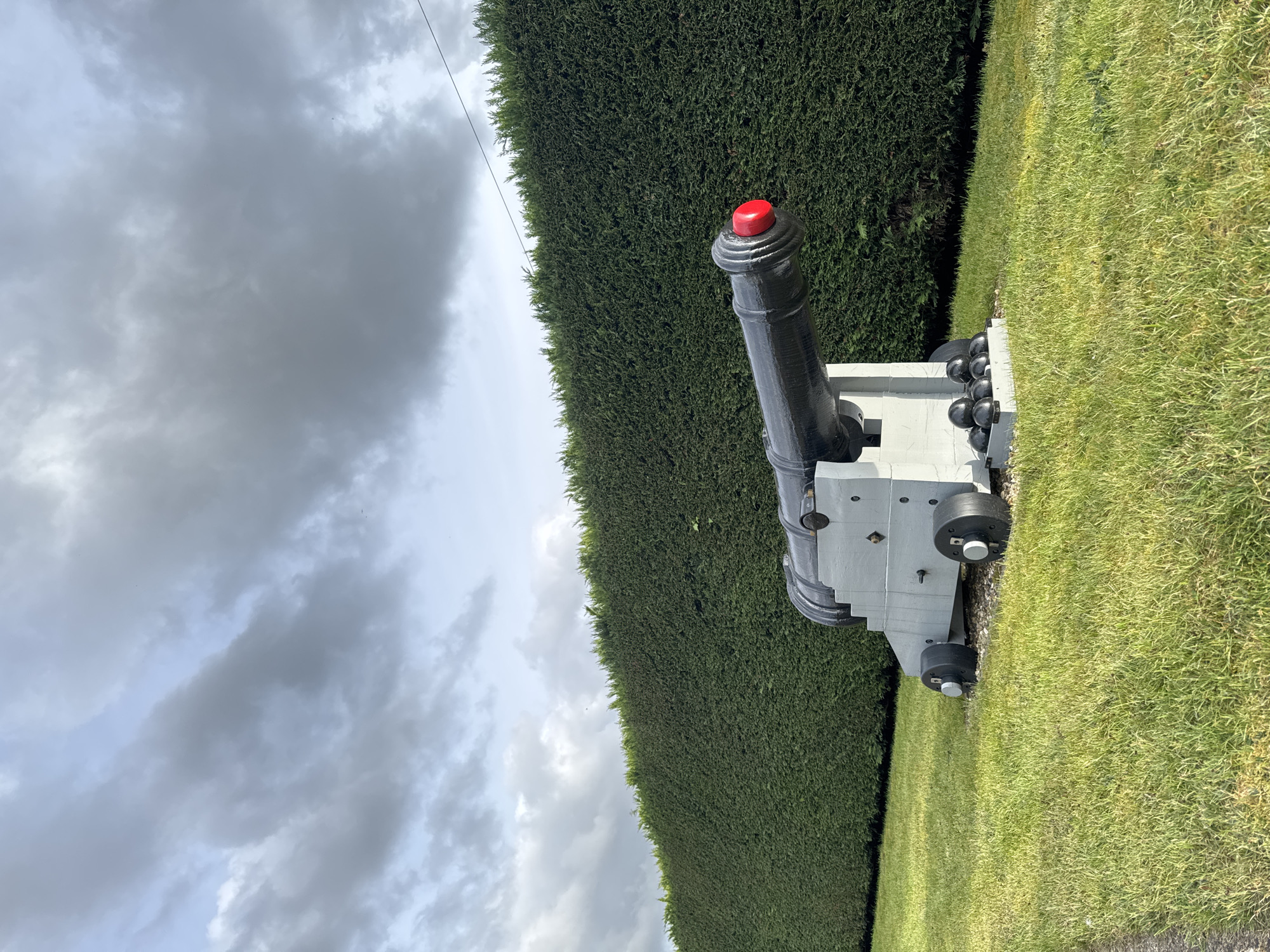 The image, correctly oriented, depicts an outdoor scene featuring a decorative cannon. The cannon, prominent in the foreground, is painted black and has a bright red cap covering its muzzle. It rests on a light grey or white carriage equipped with black wheels. Behind the cannon's barrel, several round black cannonballs are neatly stacked on the carriage.
To the right of the cannon, a tall, dense, and meticulously trimmed dark green hedge stretches across the middle ground, forming a clear boundary. Lush, green grass covers the ground to the left of the cannon, suggesting a well-maintained outdoor area. The sky above is largely overcast with grey clouds, indicating a cloudy daytime setting. A faint, thin dark wire or cable is visible against the sky in the upper left quadrant.
No people or discernible activity are present in the image. The scene is a static display, possibly part of a garden, park, or historical monument in Broadland, United Kingdom. There is no visible text.