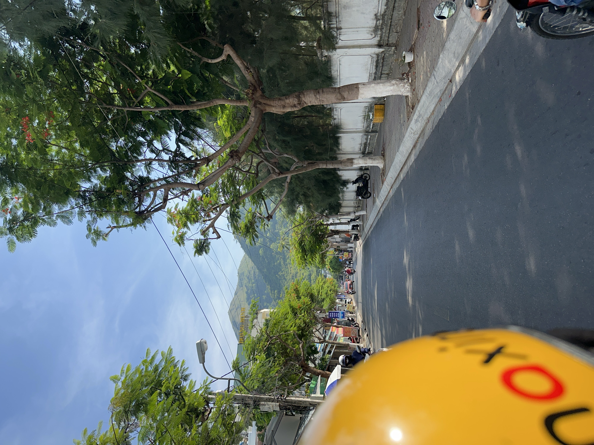 The image depicts a street scene in Bac Nha Trang Ward, Vietnam. The perspective is from the viewpoint of someone on a yellow motorcycle, evidenced by the yellow helmet in the foreground with partially visible lettering. The street is paved and appears to be moderately trafficked, with several other motorcycles and a few cars visible in the distance.
On the left side of the street, there are buildings, some with awnings and signage, and trees lining the sidewalk. A lamppost is visible. On the right side of the street, there is a white wall with a decorative top edge, and beyond that, more trees and foliage. Several parked motorcycles are visible along the sidewalk on the right.
The background is dominated by a large, green, tree-covered mountain. The sky is clear and blue with some wispy clouds, suggesting a sunny day. The overall impression is a typical urban streetscape in a tropical or subtropical region, with a strong natural element due to the presence of the mountain and abundant trees.