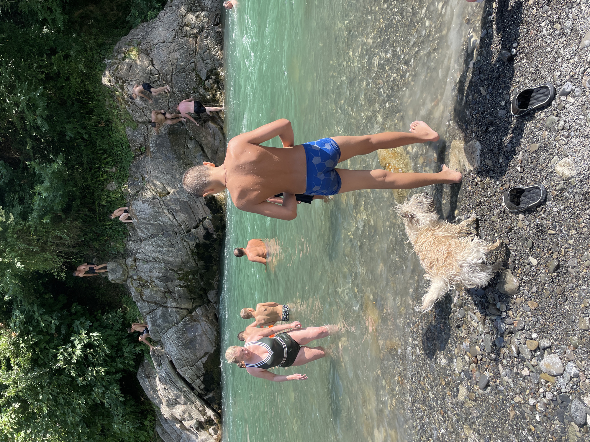 The image depicts a vibrant scene at a rocky riverbank, likely in the city of Sochi, Russia, where numerous individuals are enjoying a sunny day. The turquoise water of the river flows with noticeable ripples, indicating a dynamic current. On the right bank, large, weathered rocks form a natural playground, with several people, mostly young men and boys, climbing and perched on them. Some are preparing to jump into the water, while others are already submerged.
On the left side of the river, a woman in a dark green swimsuit with white trim is wading in the shallow water, her gaze directed forward. Several other individuals, including children, are also in the river, some swimming and others standing. In the foreground, a shaggy, light-colored dog stands near the water's edge, facing away from the camera, its tail wagging. The rocky shore is littered with various sizes of pebbles and some larger stones, with a shadow of the dog cast upon it. Two black flip-flops lie discarded on the pebbles to the right of the dog. Lush green foliage covers the hillsides in the background, creating a natural, verdant backdrop to the scene. The overall impression is one of recreation and natural beauty, with people engaging in water activities on a warm, clear day.