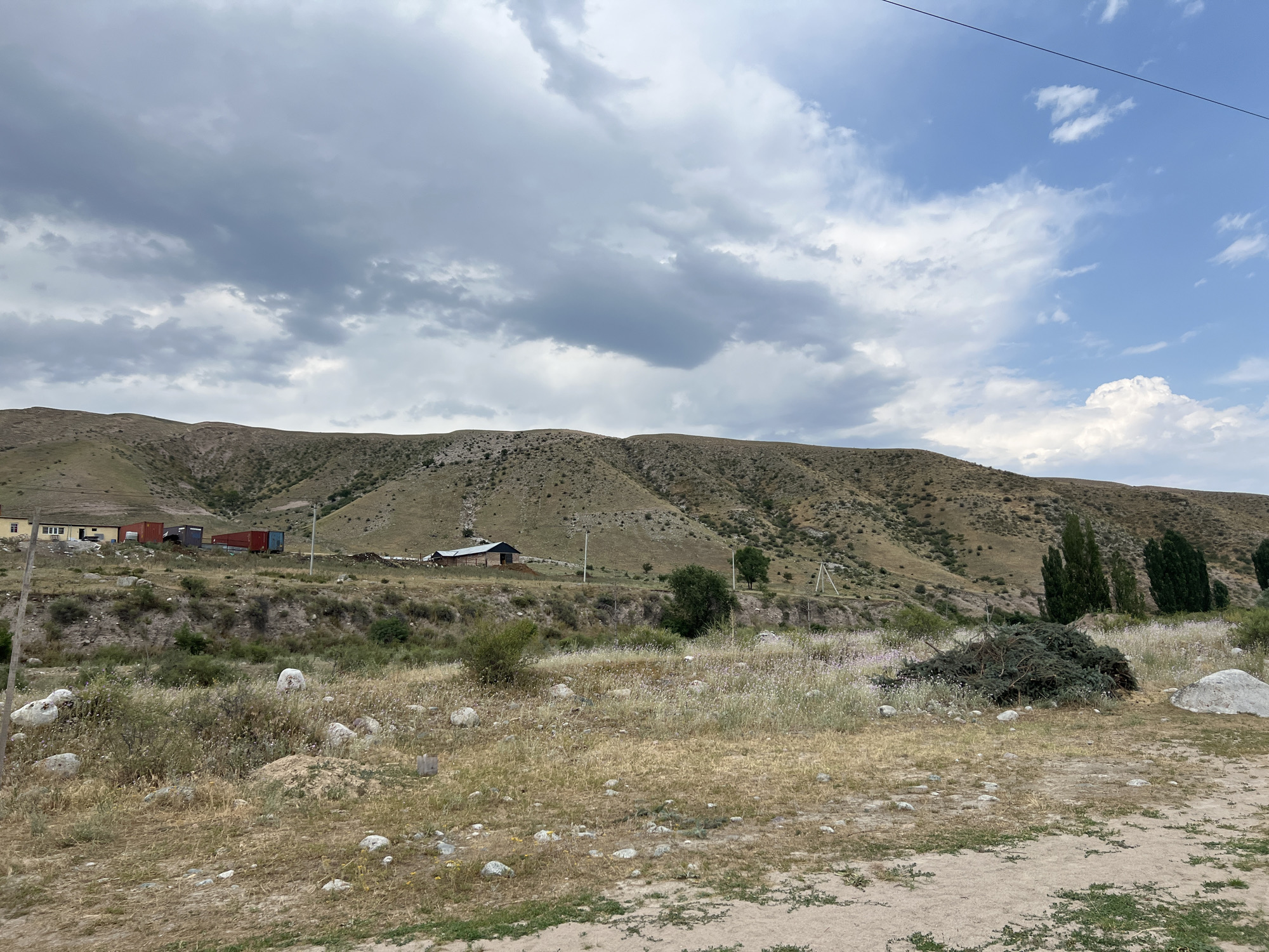 The image depicts a rural landscape with rolling hills in the background. In the middle ground, there are a few structures, including a house or small building with a dark roof, some shipping containers, and a cluster of tall, slender trees. The foreground is a dry, grassy field with scattered rocks and some sparse vegetation. A pile of pruned branches is visible on the right side of the foreground. The sky is partly cloudy with patches of blue sky and heavier gray clouds. The overall impression is one of a remote, undeveloped area. This scene is located in the village of Yuryevka, Kyrgyzstan.