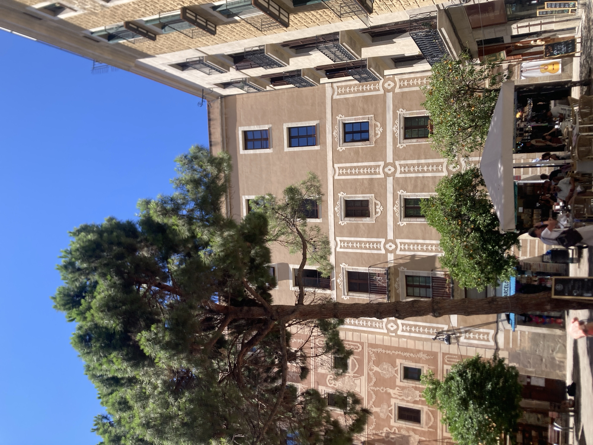 This is a medium shot, eye-level, outdoor image taken on a sunny day in Barcelona, Spain. The scene depicts a street with buildings and people. Dominating the left side of the frame is a large, mature pine tree with dense green foliage. Behind the tree, a tall, light brown building features a facade decorated with intricate, pale beige patterns around its windows and along vertical bands. The building has multiple floors with dark-framed windows, some with balconies. To the right of this building is another building with a lighter, stone-like facade, also with multiple floors, windows, and balconies. The street level shows a seating area with tables and chairs set up under a white canopy, suggesting an outdoor cafe or restaurant. Several people are visible, some seated at tables, others standing or walking. Some of the trees on the street level appear to be orange trees, some bearing fruit. The sky is a clear, vibrant blue. The overall impression is a lively urban environment in Barcelona on a bright, clear day.