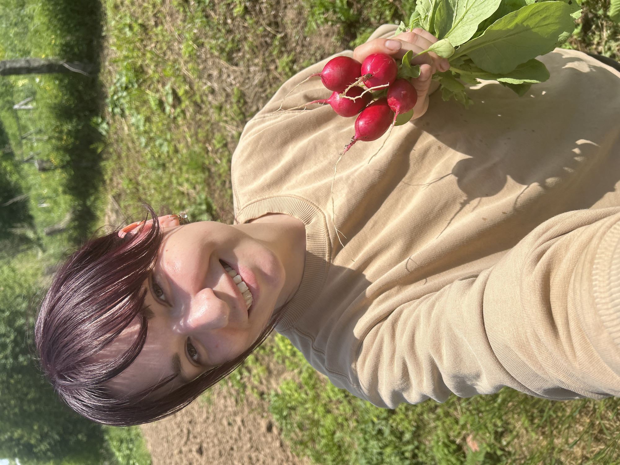 A young adult female is captured in a sunlit outdoor selfie in Фоки, Russia, smiling directly at the camera. She has short, dark, possibly auburn-tinted hair with bangs and is wearing a plain, beige long-sleeved crew-neck sweatshirt. A small metallic earring is visible on her right ear (viewer's left). In her left hand, she holds a freshly harvested bunch of approximately five to six bright red, round to slightly oblong radishes, which include their green leaves and slender root tendrils. The radishes cast a distinct shadow onto her upper chest and right arm due to the strong overhead sunlight. The background depicts an agricultural or garden setting with patches of dark brown, disturbed soil and vibrant green grass in the foreground and midground. Further back, denser green foliage from trees or bushes is visible, along with two weathered, light-colored vertical posts, possibly part of an old fence or boundary markers.