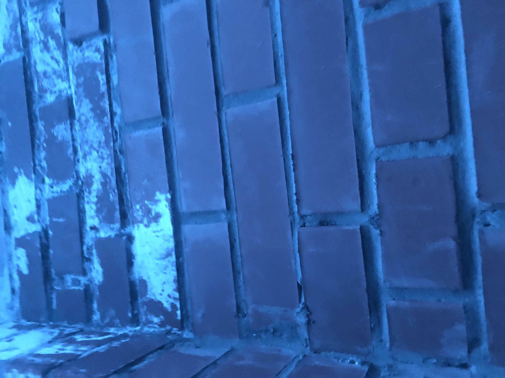 A close-up shot shows a brick wall, possibly a fireplace or building facade, predominantly colored in shades of blue due to lighting or post-processing. The bricks are rectangular and laid in a standard running bond pattern. The mortar between the bricks is also blue. On the left side of the image, there is a section of the wall that appears to be damaged or coated with a white, powdery substance, contrasting with the rest of the wall. The overall texture is rough and uneven. The location is unknown.