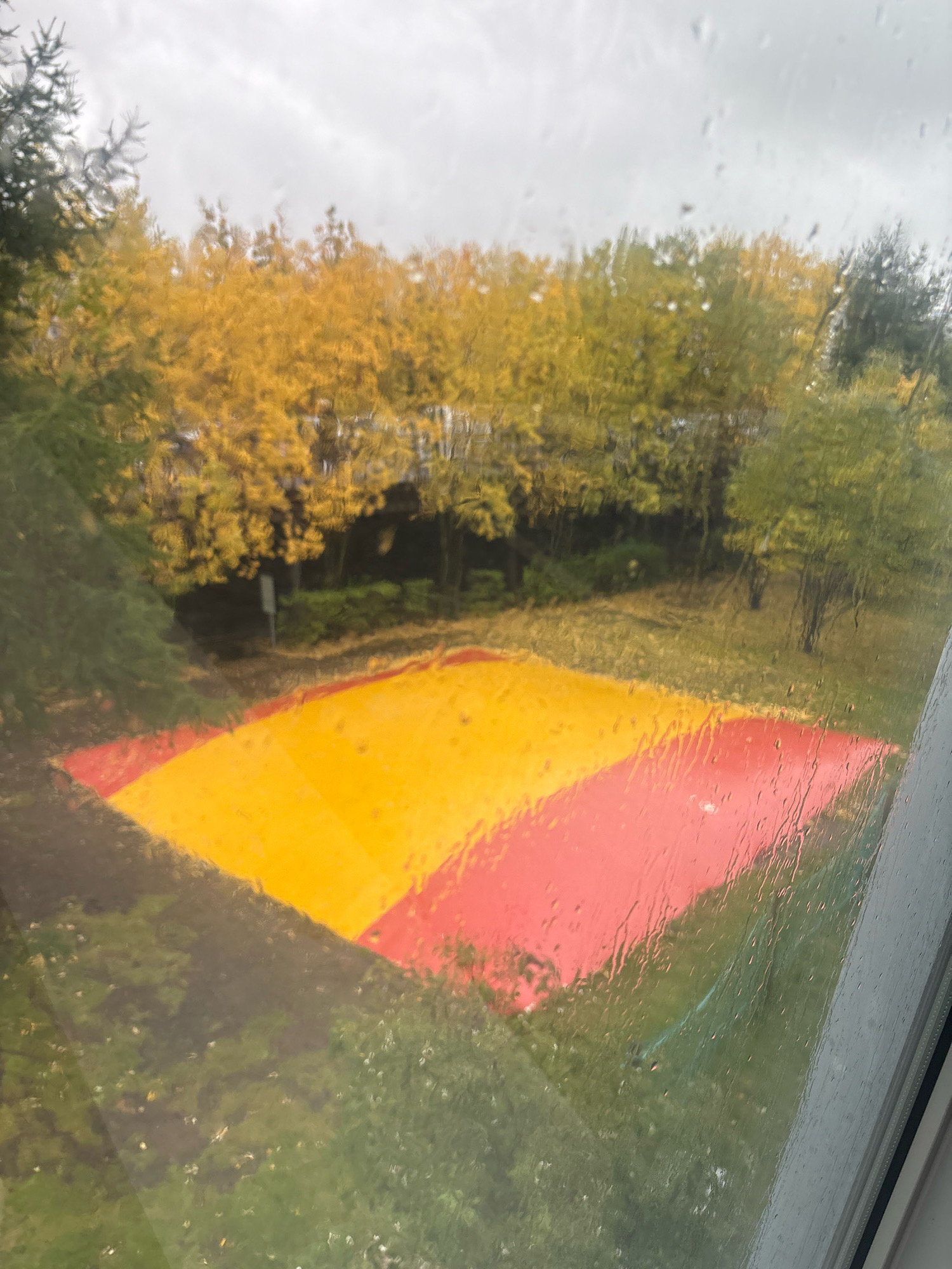 The image is an outdoor scene viewed through a window with raindrops on the glass. In the foreground, a large rectangular mat is laid out on the ground. The mat is divided into two colored sections: one half is bright yellow, and the other half is red. Behind the mat, there is a patch of green grass and trees with autumn foliage, displaying yellow and green leaves. Further in the background, more trees and a cloudy sky are visible. The overall impression is of a somewhat overcast day, likely in autumn. There are no people or visible actions in the image. This scene does not have any specific identifiable landmarks or features that would allow for a precise location within Reykjavik, Iceland.