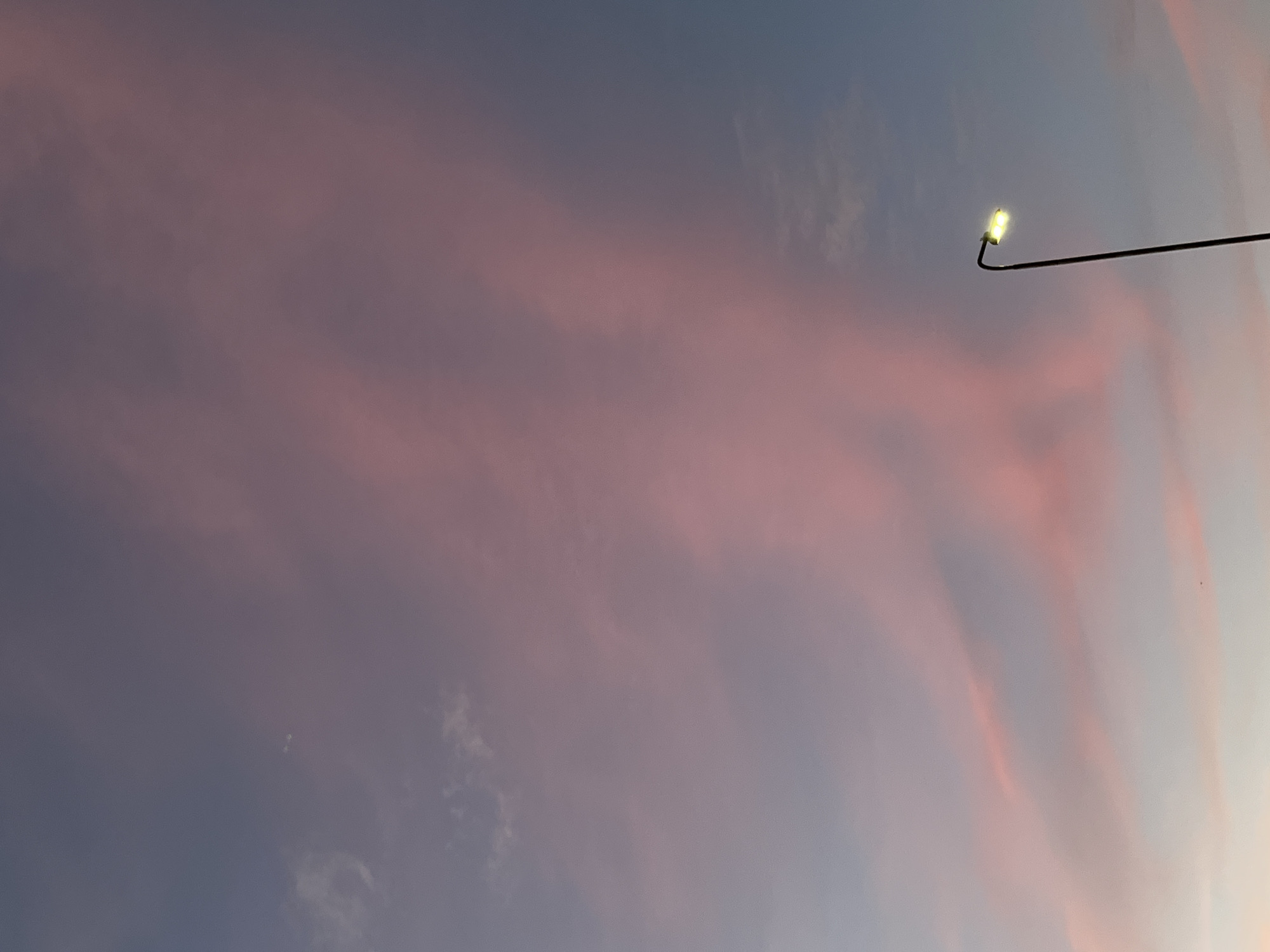 The image depicts a streetlamp with its light on, set against a twilight sky filled with pink and blue clouds. The streetlamp is dark and slender, positioned in the lower right quadrant of the frame. The sky is a gradient of deep blue at the top, transitioning to softer blues and purples, with vibrant streaks of pink clouds dominating the central and left portions of the image. The overall scene is calm and atmospheric. The specific location in Saint Petersburg, Russia, cannot be determined from the image alone. There are no people or actions visible.