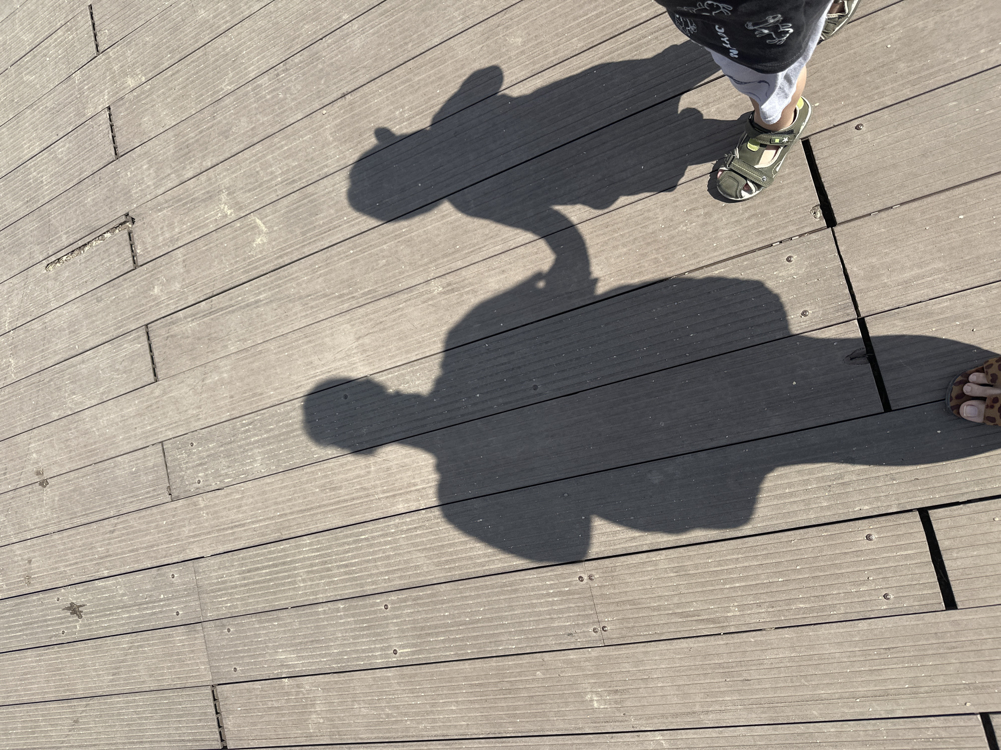 The image shows the shadows of two people, an adult and a child, on a wooden boardwalk. The adult's shadow is larger and appears to be holding the child's hand. The child's shadow is smaller and they are wearing a hat. The boardwalk is made of weathered wooden planks with visible seams and fasteners. To the right of the shadows, a person's foot wearing a sandal and patterned shorts is visible. The lighting suggests it is a sunny day. The location is identified as Taman, Russia, implying the boardwalk is likely near the sea or a body of water in that region. The scene is captured from a high-angle perspective, looking down at the boardwalk and shadows.
