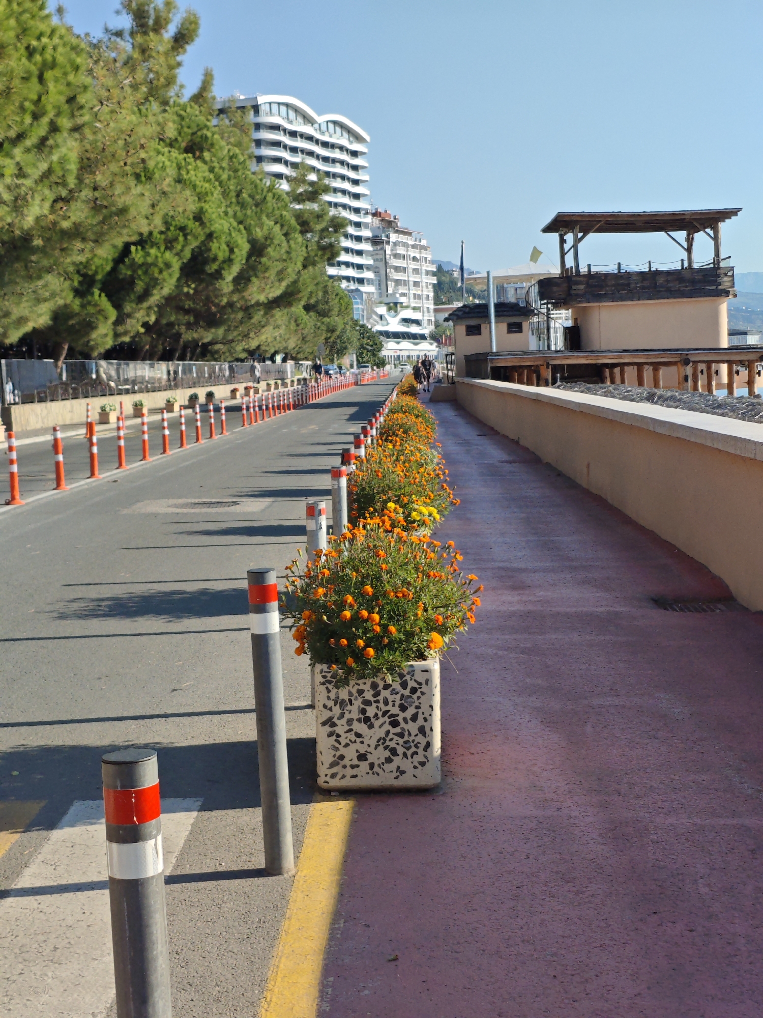 The image depicts a coastal road lined with orange traffic cones and planters filled with orange flowers. A pedestrian walkway with a reddish-pink surface runs alongside the road, separated by a low beige wall. In the background, several modern white buildings are visible, and a wooden structure resembling a lifeguard tower or observation deck stands on the right. The sky is clear and blue. The scene is located on a sunny day in Alushta, Ukraine.