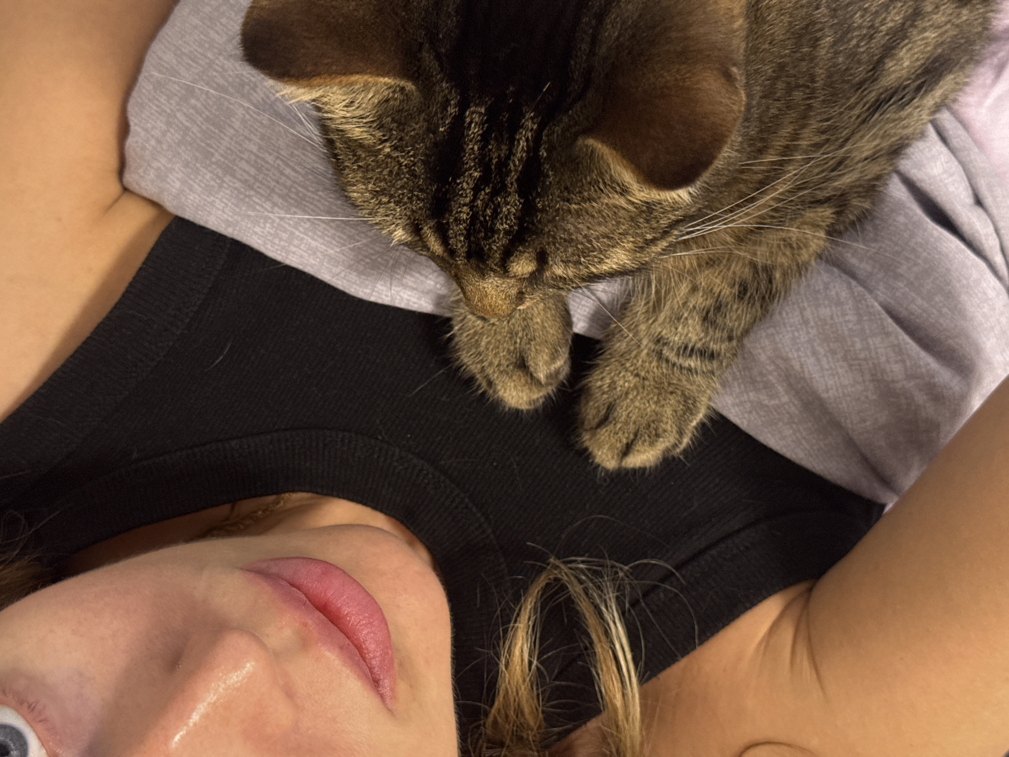 A person lies on their back, wearing a black tank top, with a gray t-shirt beneath. A tabby cat is lying on top of the person, head resting on the gray shirt. The person's face is visible, showing the lower portion, including the lips and one eye. Strands of blonde hair are present. The location is not discernible and cannot be identified as the city of Chaikovsky, Russia from the provided image.