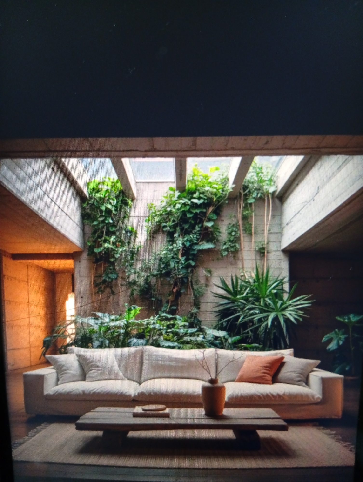 The image depicts an interior space with a focus on biophilic design, featuring a living room area integrated with greenery.
**Environment:** The space is defined by architectural elements with exposed concrete beams and a partially open roof structure, allowing natural light to illuminate the room. The walls are primarily white or light-colored, covered with climbing plants and other greenery, blurring the lines between the interior and exterior.
**Objects:** A large, off-white sofa dominates the foreground, adorned with several throw pillows. A low wooden coffee table sits in front of the sofa, with a vase. A jute rug is beneath the table.
**Subjects:** No people are visible in the image.
**Actions/Interactions:** The arrangement suggests a space designed for relaxation and connection with nature. The integration of plants into the architectural design creates a calming and organic atmosphere.
**Location:** It is highly unlikely that this image depicts Dutsen Alhaji, Nigeria. This is because Dutsen Alhaji does not typically have this type of high-end architectural design style or integrated indoor gardens. The setting more closely resembles a contemporary residence or boutique hotel found in more developed, temperate regions.