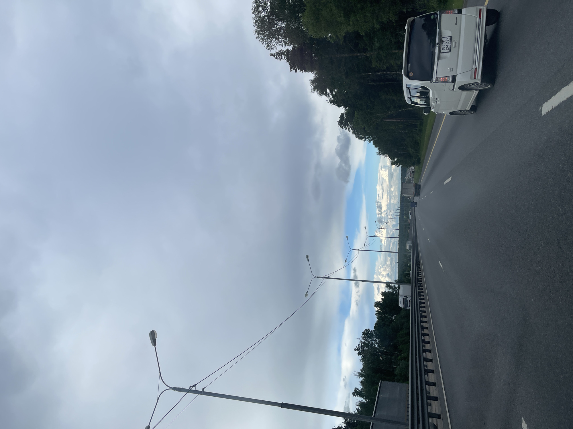 The image depicts a highway in Бавыкино, Russia. A white minivan is driving on the right lane. The highway has multiple lanes and is bordered by a metal guardrail on the left. Tall streetlights line the highway's median. Trees are present on both sides of the road. The sky is overcast with gray clouds.