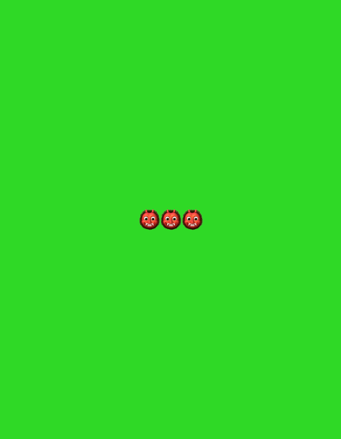 Three small, red, cartoonish devil faces are positioned in the center of a bright green, uniform background. The devil faces are identical, each featuring round, white eyes with black pupils, sharp white fangs, and dark red, spiky hair or horns. They are arranged horizontally, side-by-side, with a small amount of space between each face. The background is a solid, vibrant green color, suggesting a chroma key or a plain studio backdrop. There are no other objects or elements present in the scene.