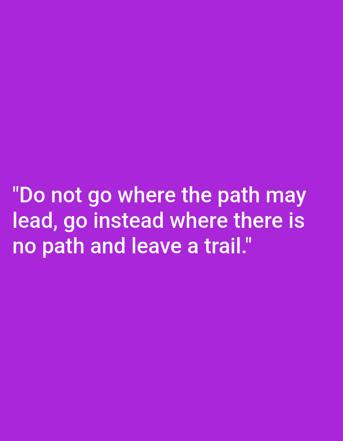 The image shows a quote superimposed on a solid purple background. The quote, written in white sans-serif font, reads: "Do not go where the path may lead, go instead where there is no path and leave a trail." There are no people, objects, or environmental elements visible in the image. The location of Nowa Wieś Książęca, Poland is not depicted in this image.
