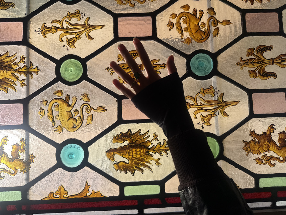 A human left arm and hand are positioned against an illuminated, intricately patterned stained glass window, located within a historic building in Paris, France, likely the Cluny Museum (Musée national du Moyen Âge). The arm is dressed in a dark, long-sleeved garment, possibly a jacket with a black ribbed cuff, topped by a black fingerless glove featuring a thumbhole. The hand, adorned with rings on the ring and middle fingers, is open and slightly spread, pressing flat against the glass, appearing as a silhouette due to backlighting.
The stained glass window is composed of a geometric network of leaded panels, primarily hexagonal and rectangular, filled with heraldic and decorative motifs. These motifs, rendered in yellow-gold against a clear or frosted glass background, include a crowned lion rampant, a double-headed eagle, a crowned winged dragon emanating flames, and various stylized floral designs, some resembling fleurs-de-lis. Integrated within the leaded grid are smaller, solid colored glass inserts: circular pieces in aqua and light green, and rectangular pieces in light pink/mauve. A narrow strip of red glass borders the extreme left edge of the window. The strong backlighting from outside causes the stained glass to glow and silhouettes the arm and hand in the foreground.