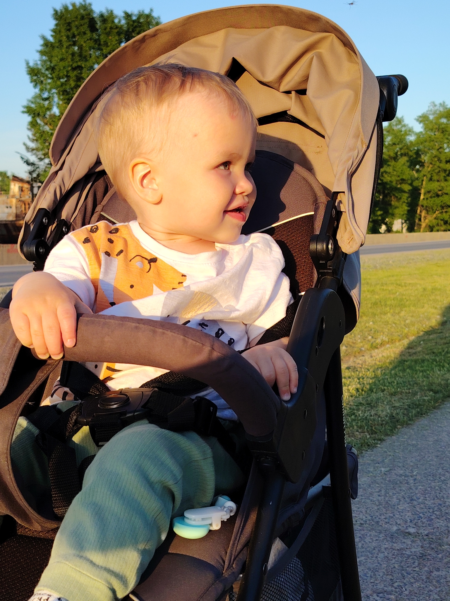 A toddler is sitting in a stroller outdoors on a sunny day. The child, wearing a white t-shirt with an orange animal print and light green pants, is fair-skinned with blonde hair and is looking to the right. The stroller is mostly brown and black, with a canopy overhead. A pacifier clip is visible on the stroller. The background includes trees and grass, along with what appears to be a road. The location is Chaikovsky, Russia.