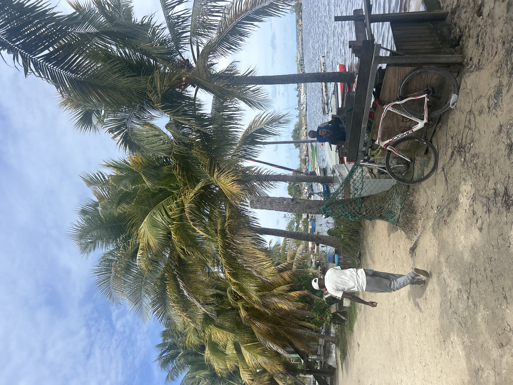 The scene depicts a beach environment in Sainte-Anne, France. Several palm trees line the beach, their fronds reaching towards a sky with scattered clouds. To the right of the frame is a wooden structure, possibly a dock or platform, with a white and red road bicycle leaning against it. Two men are seen near the structure, one partially visible seated on the platform and another walking along the beach. The beach itself is sandy, with some debris and vegetation visible. Beyond the wooden structure is water, presumably part of the coastline, with various boats and other watercraft in the distance.