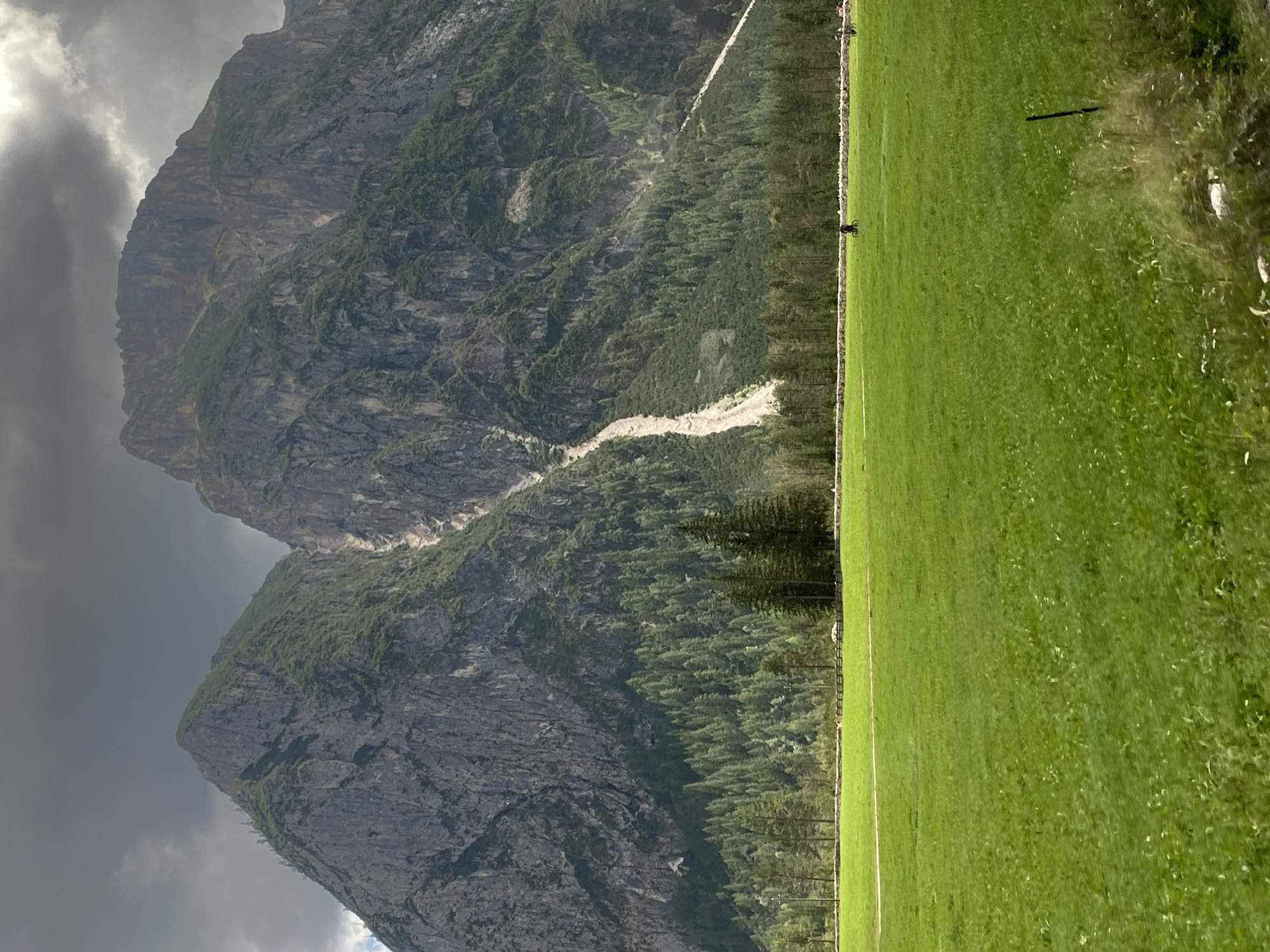 An image captured on a cloudy day depicts the rugged, tree-covered slopes of the Dolomites mountains in Toblach - Dobbiaco, Italy. The foreground is dominated by a vast, vibrantly green meadow. In the mid-ground, a dense forest of evergreen trees lines the base of the mountains. A rustic wooden fence runs horizontally across the meadow, separating it from the treeline. A solitary figure on a bicycle is visible in the meadow, riding towards the right side of the frame, with another person on a bicycle further to the right. The imposing mountains rise sharply in the background, their rocky faces marked by a light-colored scar running down the center of the right peak. The sky above is filled with dark, dramatic clouds.