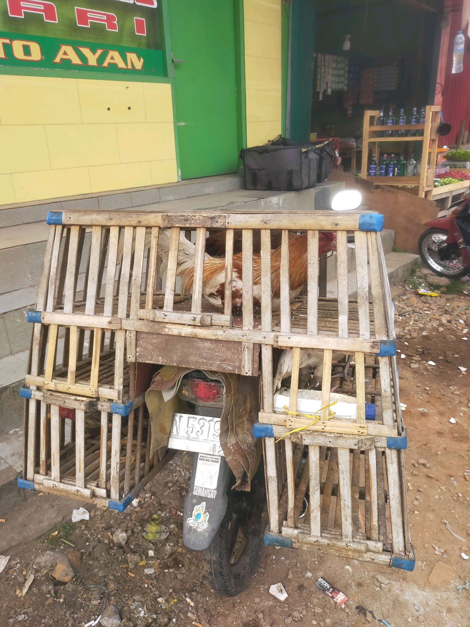 A wooden cage containing chickens is attached to the rear of a parked motorcycle. The cage is constructed from light-colored wooden slats and has blue corner protectors. A large rooster with brown and white feathers is visible in the upper section of the cage. Below it, a white chicken is partially visible. The motorcycle's rear tire and part of its license plate, which reads "N 5319 UD", are visible. The scene appears to be on a street in Gondanglegi, Indonesia, with a building in the background that has a green door and yellow tiled walls with signage. Various items are scattered on the ground, including debris and discarded cigarette butts.