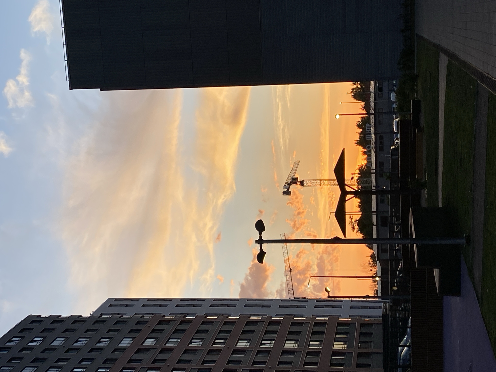 The image depicts an urban landscape at either sunset or sunrise, characterized by a strikingly colorful sky. The perspective is framed by two large, dark modern buildings; one with multiple rectangular windows stands on the left, while a solid, blocky structure forms the right frame.
The sky is the central focus, transitioning from a soft, light blue with sparse white clouds on the far left to a dramatic expanse of warm orange, yellow, and subtle pink hues on the right, indicating the low angle of the sun. Wispy, elongated clouds are illuminated by these warm tones.
In the middle ground, several tall construction cranes are prominently silhouetted against the bright sky, suggesting ongoing development or a construction site within the city. Numerous streetlights and lamp posts are also visible, some with illuminated lamps, scattered throughout the mid-ground and background.
Below the vibrant sky, a dark, silhouetted urban horizon is visible, featuring trees and bushes. In the foreground and lower right, there's a paved pathway alongside grassy areas and dark, angular urban furniture, possibly benches or planters. In the distance, beyond the trees, indistinct structures and vehicles can be observed. There is faint, illegible white text visible on a distant building or sign.
The overall scene conveys a sense of peaceful urban transition at dawn or dusk in Saint Petersburg, Russia, with the dramatic sky providing a strong focal point against the dark, silhouetted city elements.