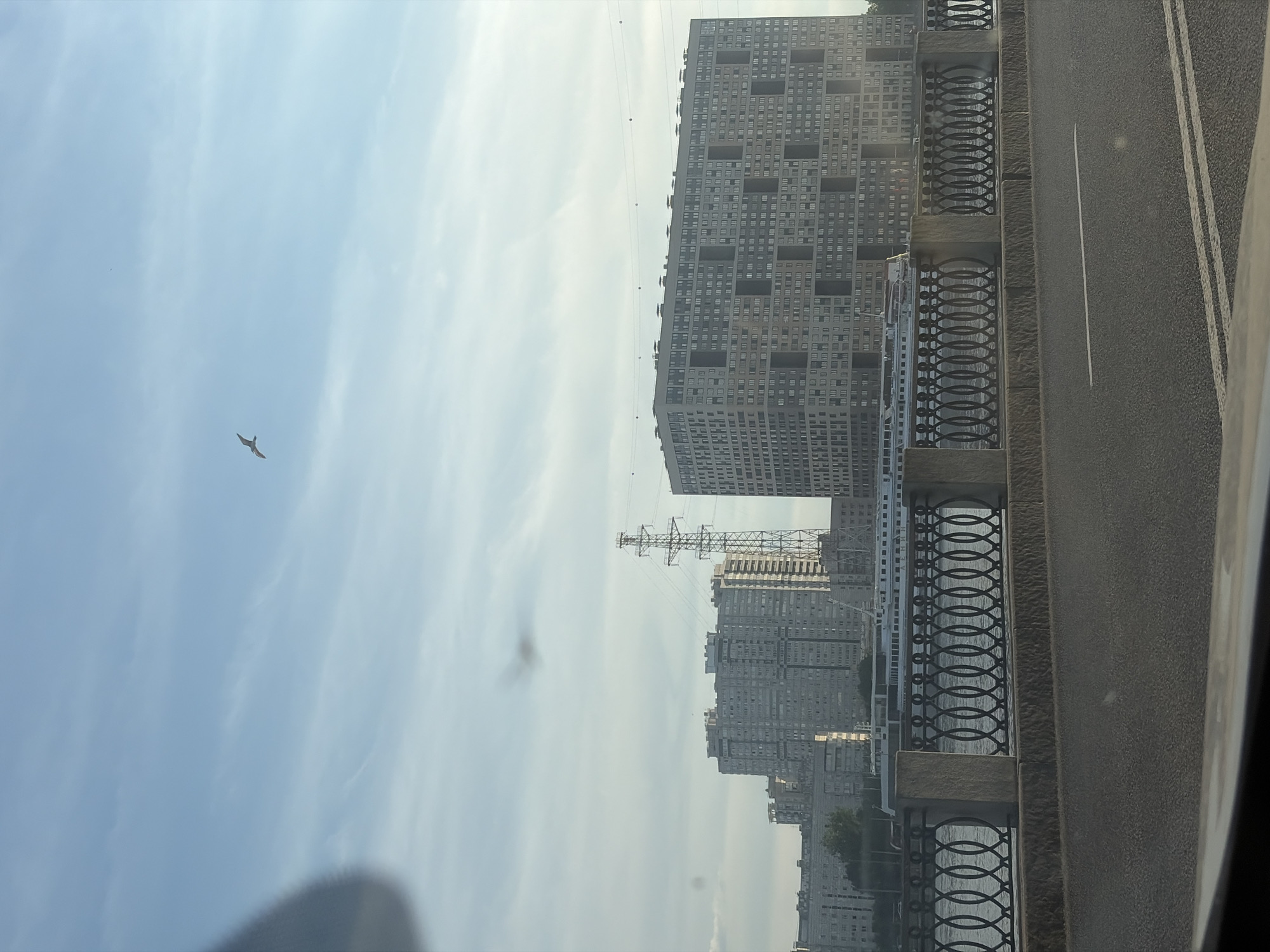 The image depicts an urban landscape in Moscow, Russia, captured from the interior of a vehicle positioned on an elevated roadway or bridge.
In the immediate foreground, a dark asphalt road with faded white lane markings (a single dashed line and parallel double solid lines) occupies the bottom section. Above the road, a dark grey stone balustrade with ornate, repeating circular wrought-iron infill sections forms a barrier.
Beyond the balustrade, a wide body of water, identifiable as the Moskva River, flows from left to right, reflecting the sky and distant structures. Several large, multi-deck white passenger ships or river cruise boats are moored or navigating the river, partially obscured by the balustrade in the lower mid-ground.
The background presents a dense urban environment. On the left and center, multiple grey, multi-story residential buildings with repetitive window patterns are visible, consistent with Soviet-era architecture. A tall, open-lattice electricity transmission tower with visible power lines extending from it stands prominently between these older buildings and a more distinctive structure to its right.
To the right, the most prominent building is a large, multi-story residential complex, known as the "House on Begovaya Street" (or "House-Ship"). This structure features a muted beige or light brown facade with a grid of numerous windows and several large, deep, rectangular recessed sections that pierce its exterior.
The sky overhead is light blue with scattered, thin, stratiform clouds. A single seagull is captured mid-flight in the upper-left quadrant of the sky. The lighting suggests daytime conditions, with soft, diffused illumination across the scene. No individuals are distinctly visible within the frame.