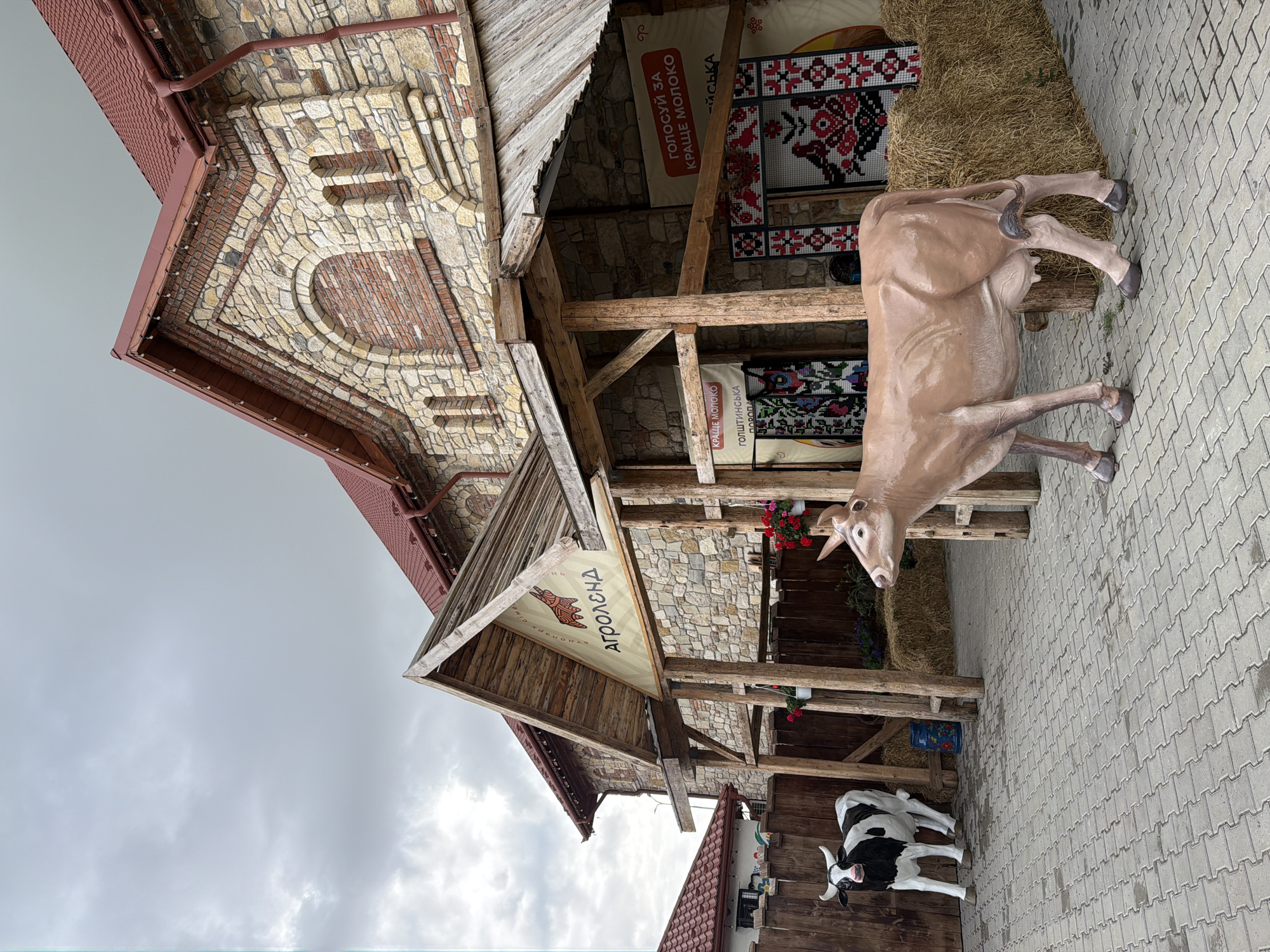 The image depicts an outdoor scene in front of a rustic stone building with a red tile roof. The building appears to be part of a rural establishment, possibly a farm or a market. In the foreground, there are two life-sized cow statues. One is a black and white cow standing to the left, and the other is a tan cow standing to the right, facing away from the camera. The ground is paved with interlocking gray bricks. Behind the cow statues, there are bales of hay stacked near the entrance of the building, which features wooden supports and a sloped roof. Signs with Ukrainian text are visible above the entrance. The building's facade is constructed with rough-hewn stones. A wooden fence runs along the left side of the image. The sky is overcast with gray clouds. The scene appears to be located in Velykyi Khodachkiv, Ukraine, based on the provided information.