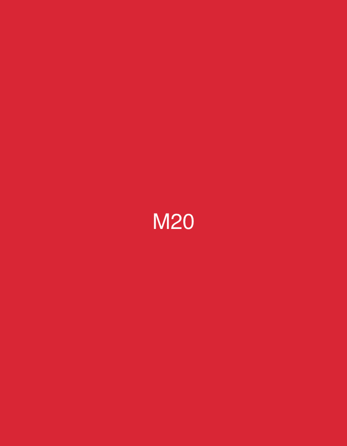 The image displays a solid, uniform red background. Centered horizontally and slightly below the vertical midpoint is the alphanumeric text "M20", rendered in white, sans-serif font. There are no other visual elements, objects, subjects, people, or discernible environmental details present in the image. The scene is purely graphic and abstract. While the image itself contains no visual markers identifying a specific geographic location, it is presented in the context of the city of Casablanca, Morocco.
