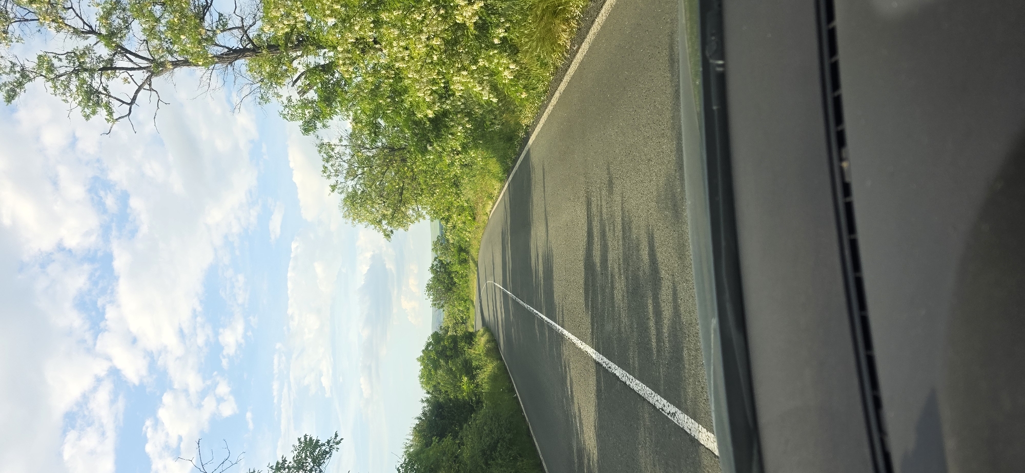 A view from inside a vehicle traveling on an asphalt road. The road has a solid white line marking the center. The road is bordered by green vegetation. Trees and shrubbery line the sides, casting shadows on the road. In the distance, more greenery and hills are visible. The sky is light blue with scattered white clouds. Part of the vehicle's interior is visible on the right. The location might be near Ekzarh Antimovo, Bulgaria, given the landscape characteristics.