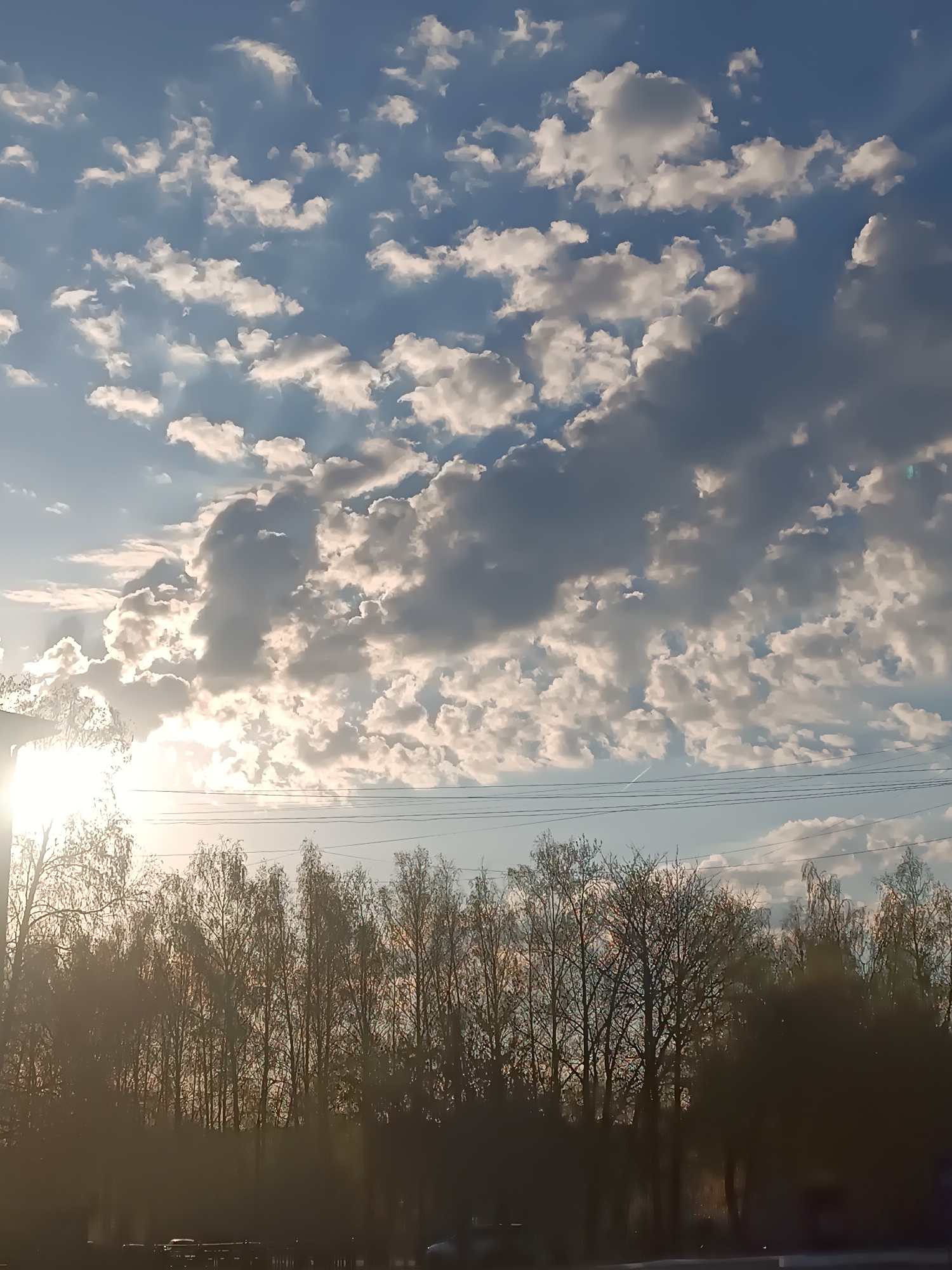 The photograph depicts a sky filled with altocumulus clouds in Chaikovsky, Russia. A bright sun shines behind some of the clouds, creating a silhouette effect on a line of trees in the foreground. Power lines are strung across the middle ground of the image, and the lower portion of the scene shows indistinct shapes that appear to be vehicles. The overall scene is illuminated by the light from the setting or rising sun.