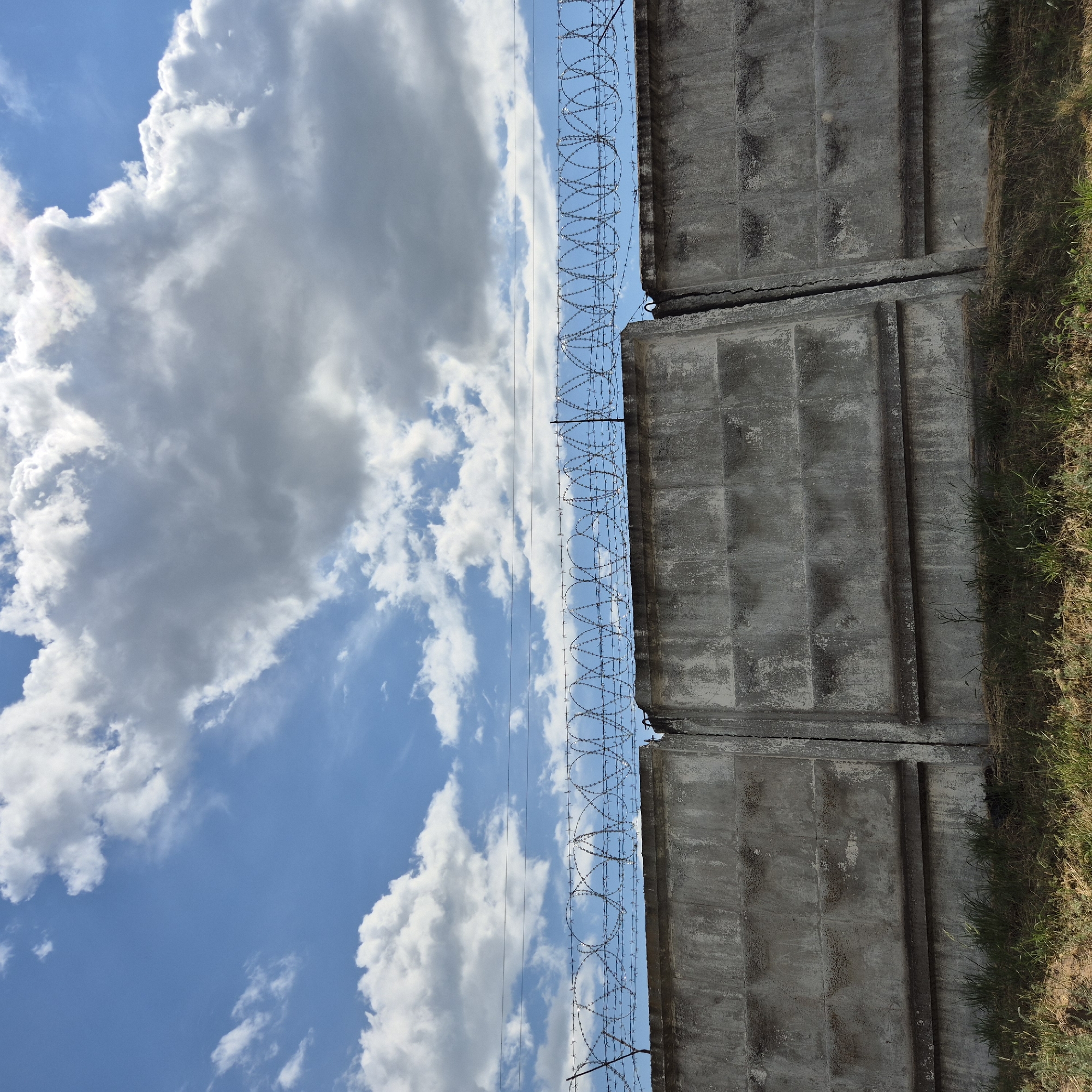 The image depicts a concrete wall topped with barbed wire, likely a security fence. The wall appears to be constructed from precast concrete panels with a textured surface, showing signs of weathering and some discoloration. Above the wall, a bright blue sky is visible with scattered white and gray clouds. Two parallel dark lines, possibly wires or cables, are suspended in the sky above the barbed wire. In the foreground, dry grass and some green vegetation grow at the base of the wall. The scene has a neutral, outdoor lighting. Based on the provided context, this image is identified as being located in the city of Liski, Russia.