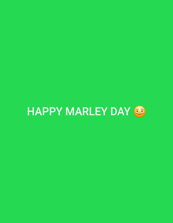 A light green background contains the white text "HAPPY MARLEY DAY" with a slightly frowning face emoji to the right. The location in Jos, Nigeria is not discernible from the image.