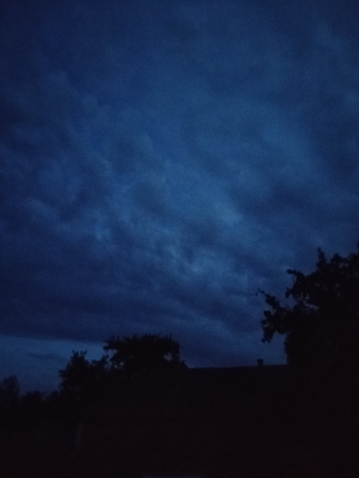 This is a low-light, wide-angle photograph of a dark, cloudy sky at dusk. The sky is a deep, bruised blue, with undulating clouds suggesting movement and possibly impending weather. The lower third of the image is silhouetted against the dim sky, depicting the dark shapes of trees and what appears to be the roofline of a building. The overall mood is somber and quiet, characteristic of twilight or the approach of night. The location is identified as Ustyvytsia, Ukraine. There is no visible text in the image.