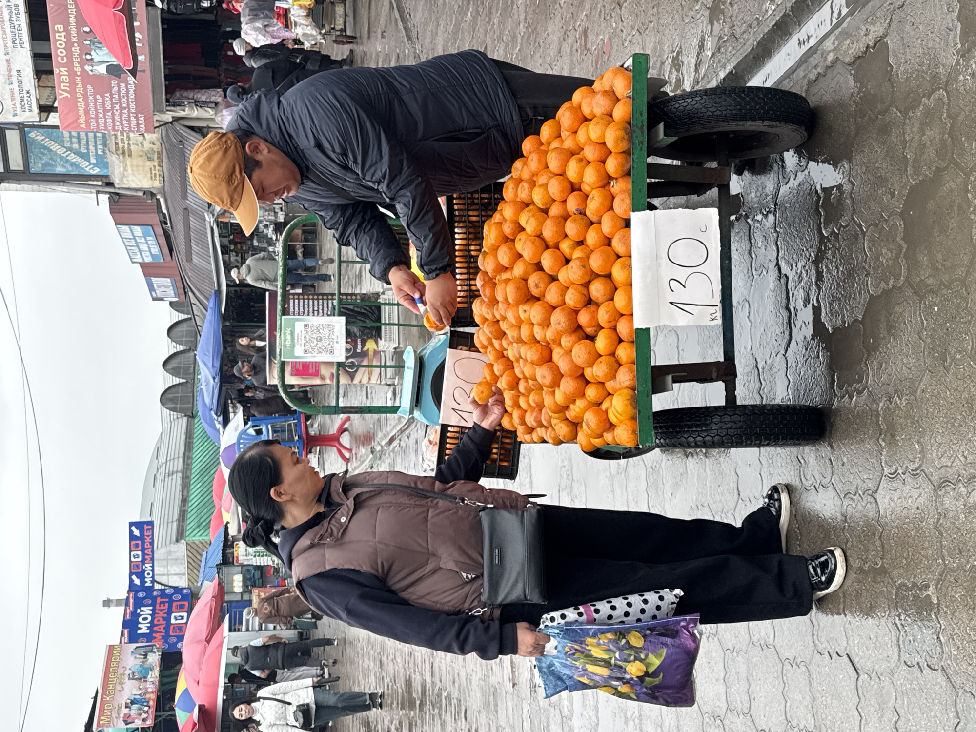 This media file captures an outdoor market scene in Bishkek, Kyrgyzstan, on an overcast or recently rainy day, indicated by the wet and reflective ground.
In the foreground, a male vendor, wearing a dark jacket and a brown cap, attends to a green wheeled cart overflowing with a large mound of bright orange citrus fruits, likely oranges or mandarins. He is seen handling one of the fruits, possibly selecting it for a customer or bagging it. Facing him is a female customer, dressed in a brown puffer vest, black long-sleeved top, and black pants, who holds a single citrus fruit in her hand, appearing to examine it. She carries a purple shopping bag with a yellow floral pattern and another polka-dotted bag.
A white sign on the fruit cart clearly displays the price "130" followed by "КГ" or "С". Another smaller sign on the cart features a QR code and the text "Mbank".
The background depicts a busy market environment with numerous stalls, colorful umbrellas, and other vendors. Several large signs are visible, displaying text primarily in Kyrgyz and Russian. One prominent sign advertises "СТОМАТОЛОГИЯ" (Dentistry) with services like "УДАЛЕНИЕ ЛЕЧЕНИЕ ПРОТЕЗИРОВАНИЕ" (Extraction, Treatment, Prosthetics), "КОСМЕТОЛОГИЯ" (Cosmetology), and "МАССАЖ" (Massage), as well as "РЕНТГЕН ЗУБОВ" (Dental X-ray). Another sign reads "Улай соода" (Ulay Trade) and "АЙЫМДАРДЫН «БРЕНД» КИЙИМДЕРИ" (Women's "BRAND" CLOTHES), listing various garments including "ТОЙ КОЙНОКТОР" (Wedding Dresses), "ХИДЖАПТАР" (Hijabs), "ДЖИНСЫ, ПАЛЬТО" (Jeans, Coat), and "СПОРТ КОСТЮМДАР" (Sport Suits). Other visible text includes "МОЙ МАРКЕТ" (My Market) and "Мир Канцелярии" (World of Stationery). The scene captures a typical transactional moment within a vibrant local marketplace.