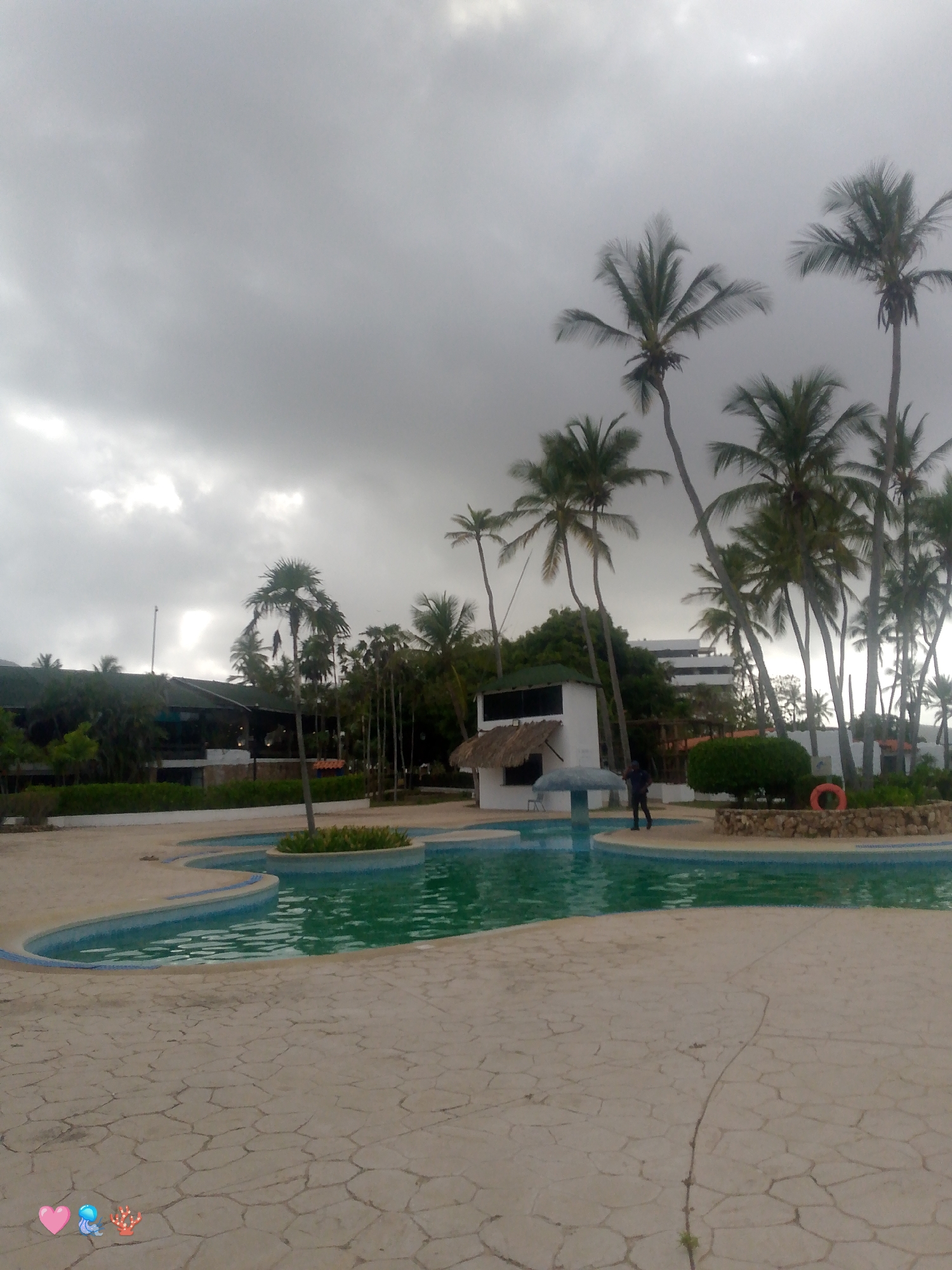 The image depicts a resort pool area on an overcast day. In the foreground, a tan, irregularly shaped patio surrounds a turquoise swimming pool. The pool has curved edges and a central island with green vegetation. Further back, several palm trees are visible, some tall and slender, others shorter and fuller. A white building with a thatched roof, resembling a snack bar or information booth, is situated near the pool. A person in dark clothing is standing near this building, appearing to walk. Behind the pool area and palm trees, a multi-story white building with balconies is visible, suggesting a hotel or resort complex. The sky is filled with dense, grey clouds. The location is identified as Playa El Agua, Venezuela.